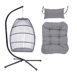 image-Patio Wicker Folding Hanging Chair With Cushion And Pillow