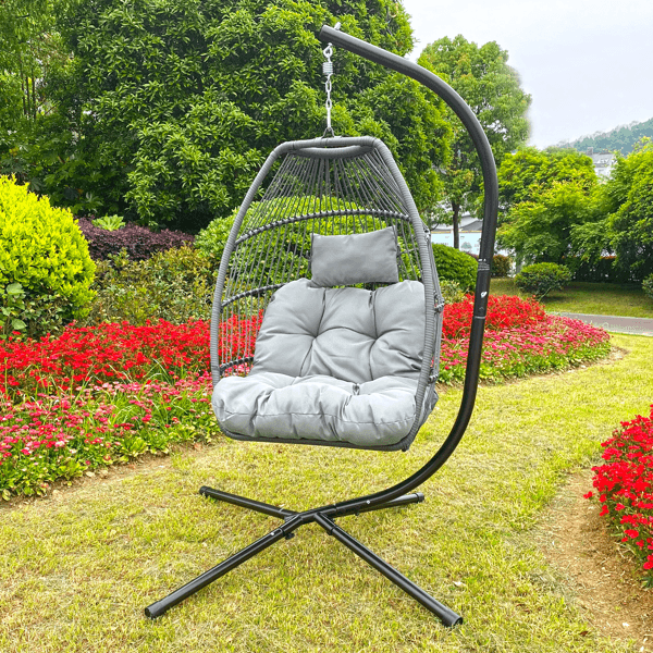 image-Patio Wicker Folding Hanging Chair With Cushion And Pillow