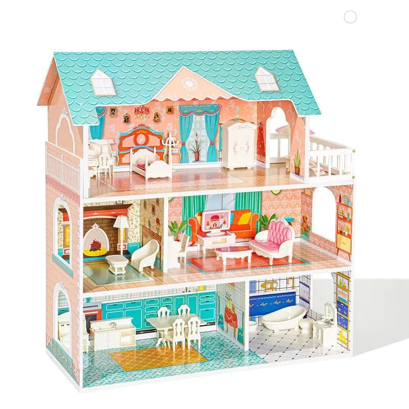 image-Big Wooden Dollhouse with Furniture Doll House Play Set