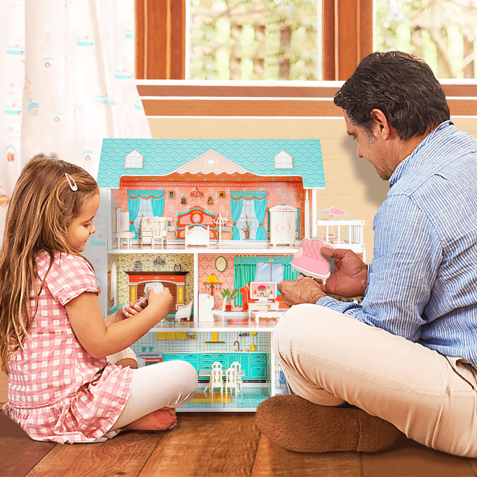 image-Big Wooden Dollhouse with Furniture Doll House Play Set