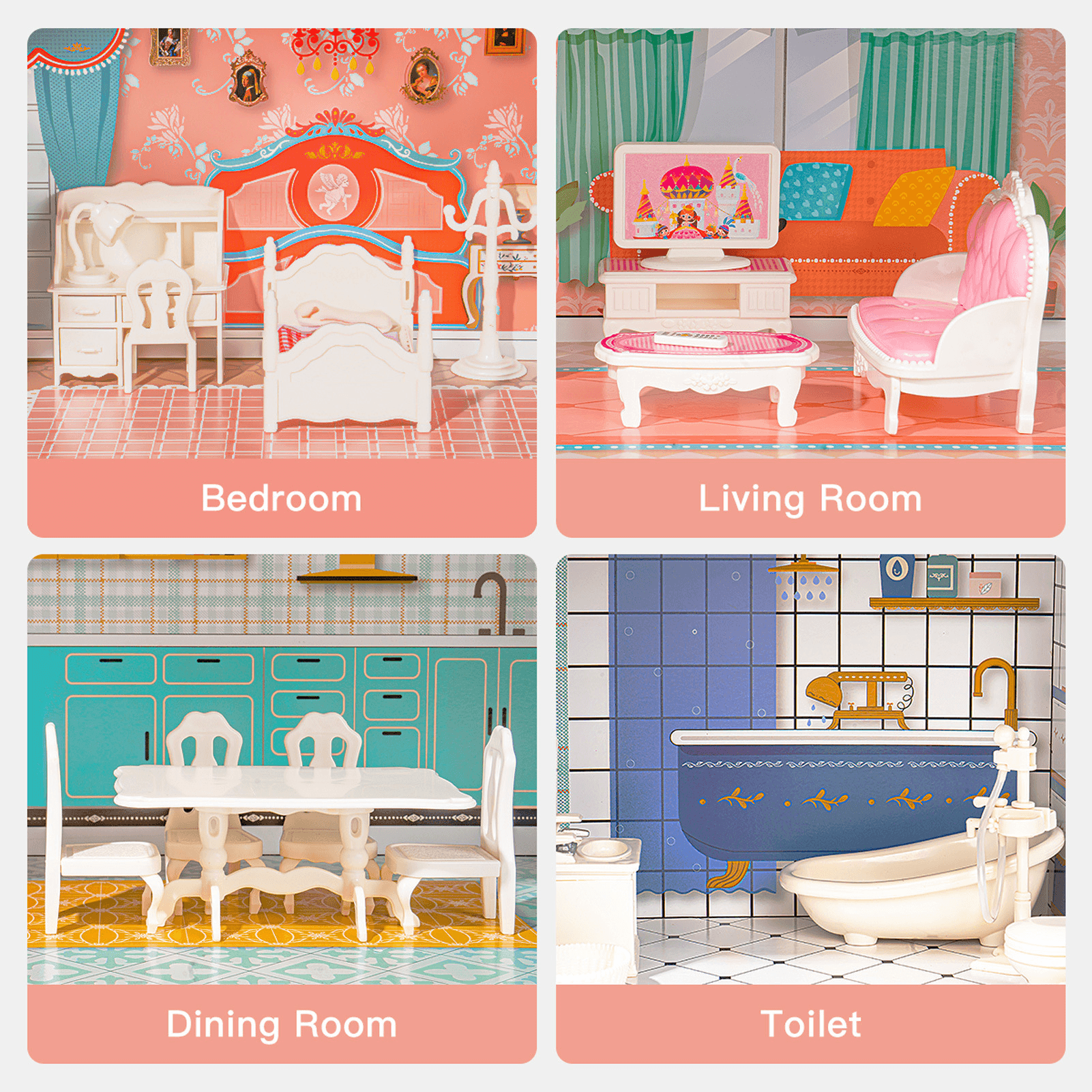 image-Big Wooden Dollhouse with Furniture Doll House Play Set