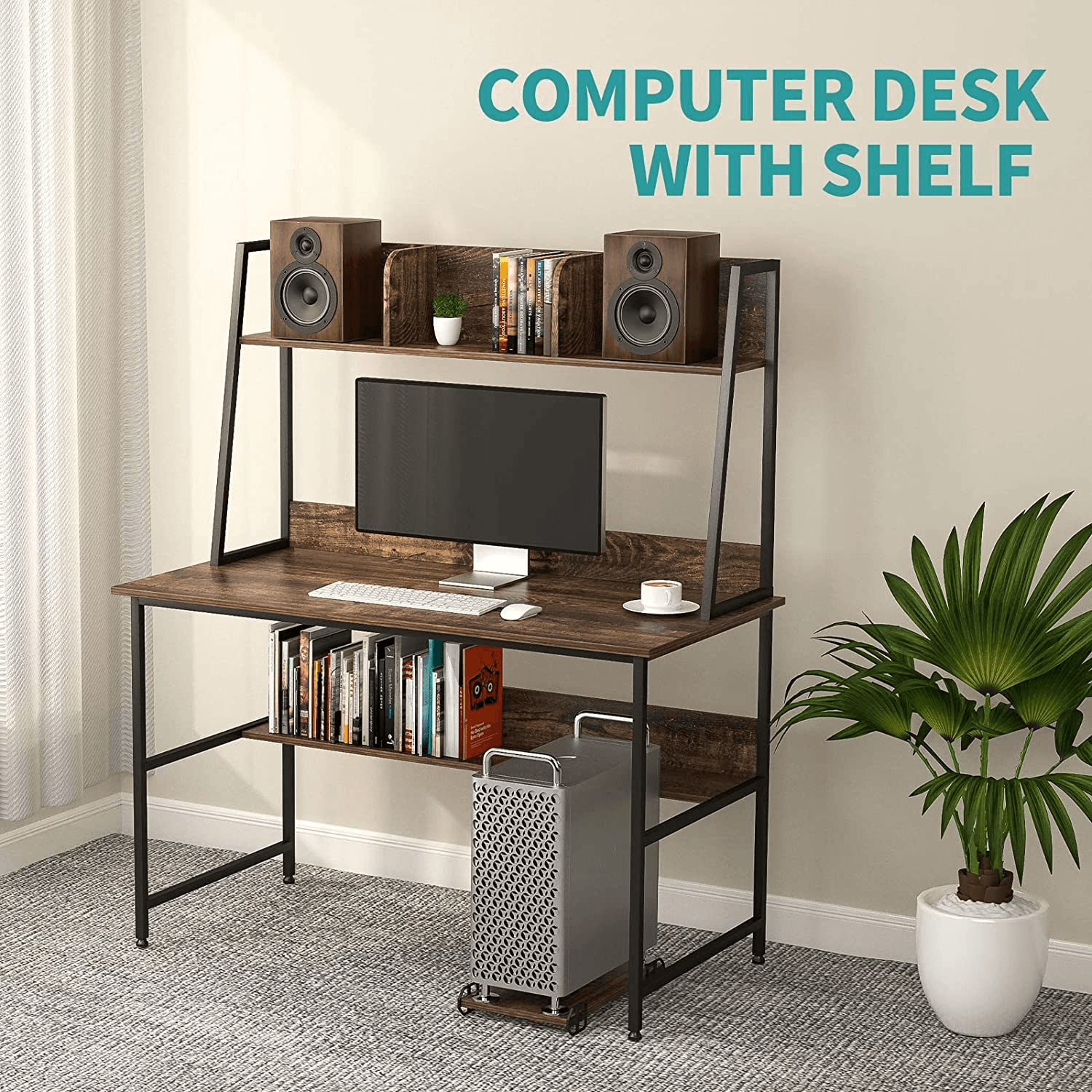 image-47 Inch Computer Desk with Shelves Sturdy Writing Desk