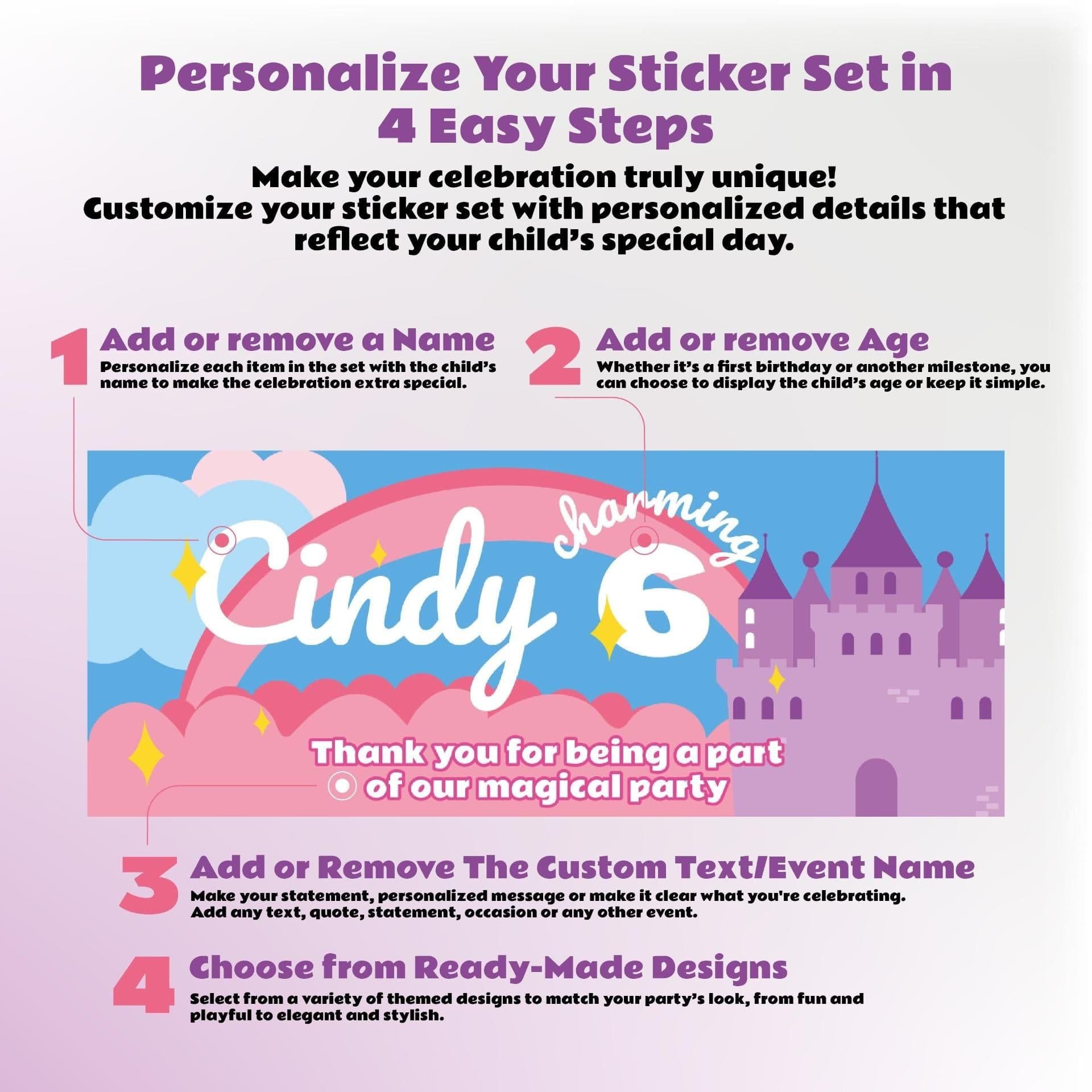 image-Personalized Kids Birthday Sticker Set | Custom Girls Name Age Party Decor | Table Labels | DIY Birthday Decoration Kit | Kid Party Favor *!