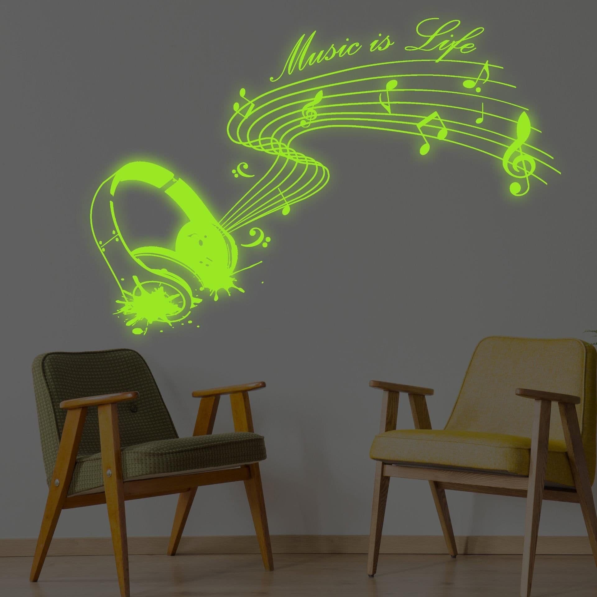 image-Glow In Dark Music Is Life Wall Sticker - Nigh Light Note Quote Decor Art Vinyl Decal