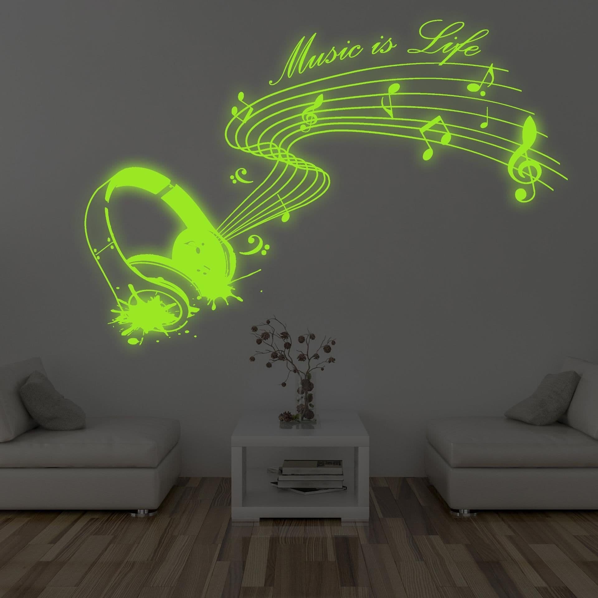 image-Glow In Dark Music Is Life Wall Sticker - Nigh Light Note Quote Decor Art Vinyl Decal
