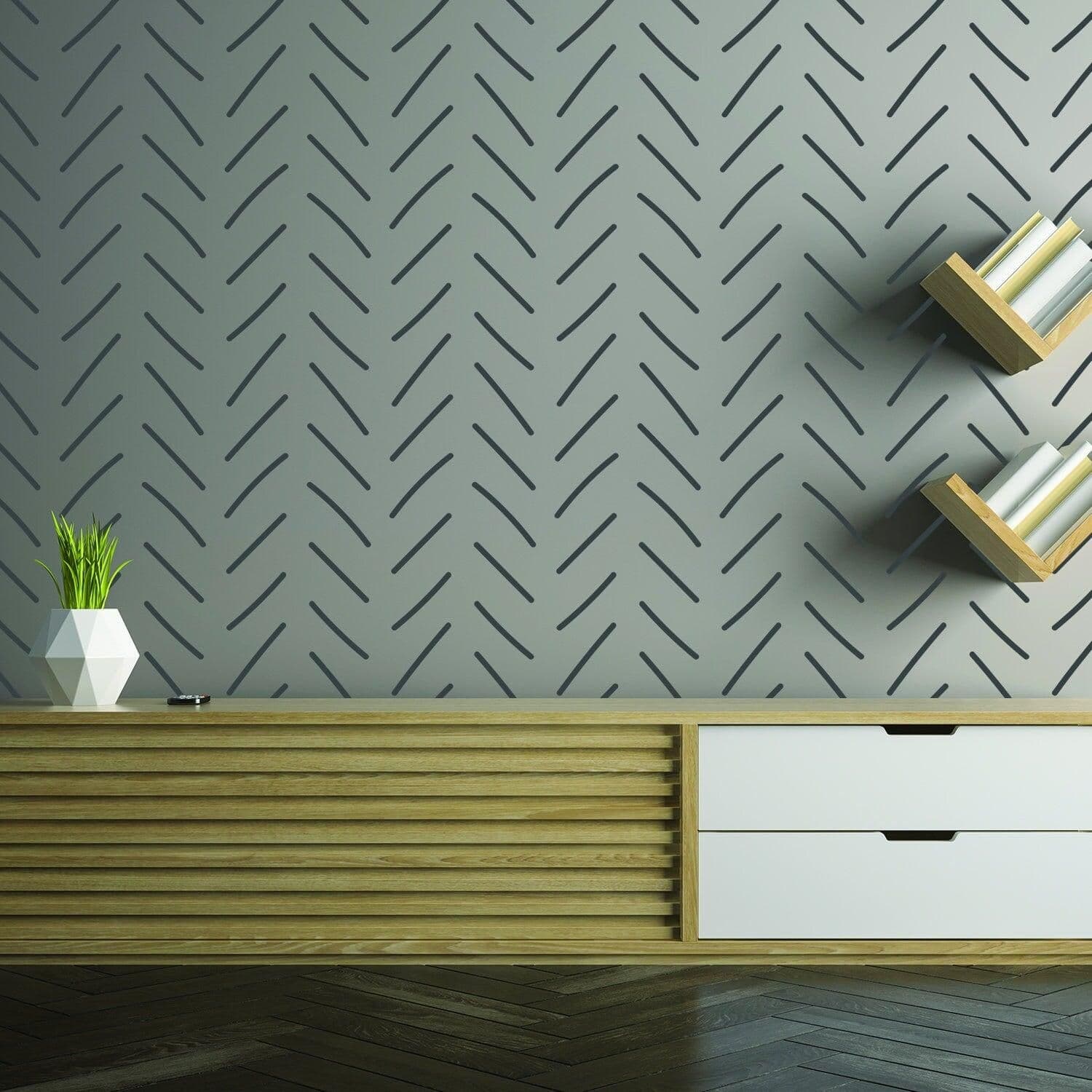image-7x Rolls of Herringbone Wallpaper Peel And Stick Stickers - Geometric Self Adhesive Black Removable Stripes Wall