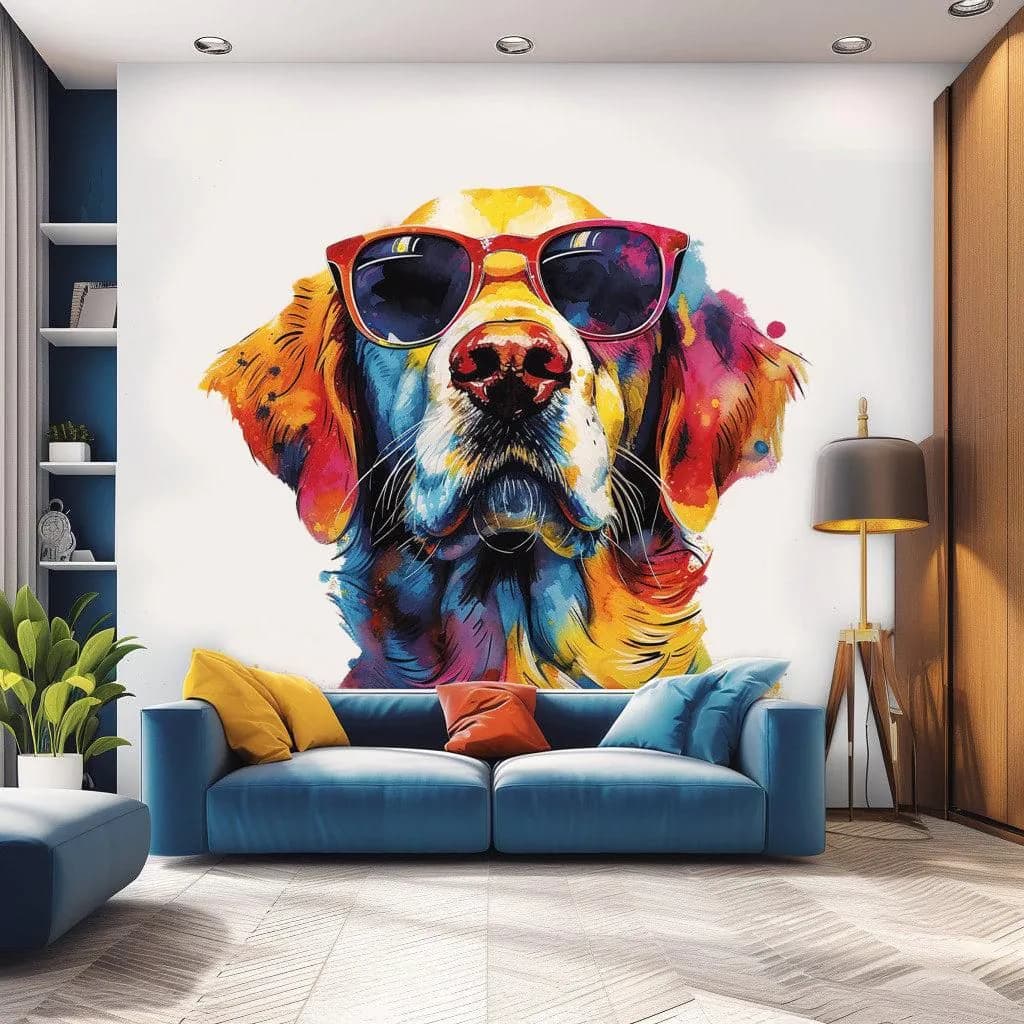 image-Golden Retriever with Sunglasses Wall Decal - Expressive Watercolor Dog Sticker for Vibrant Room Decor