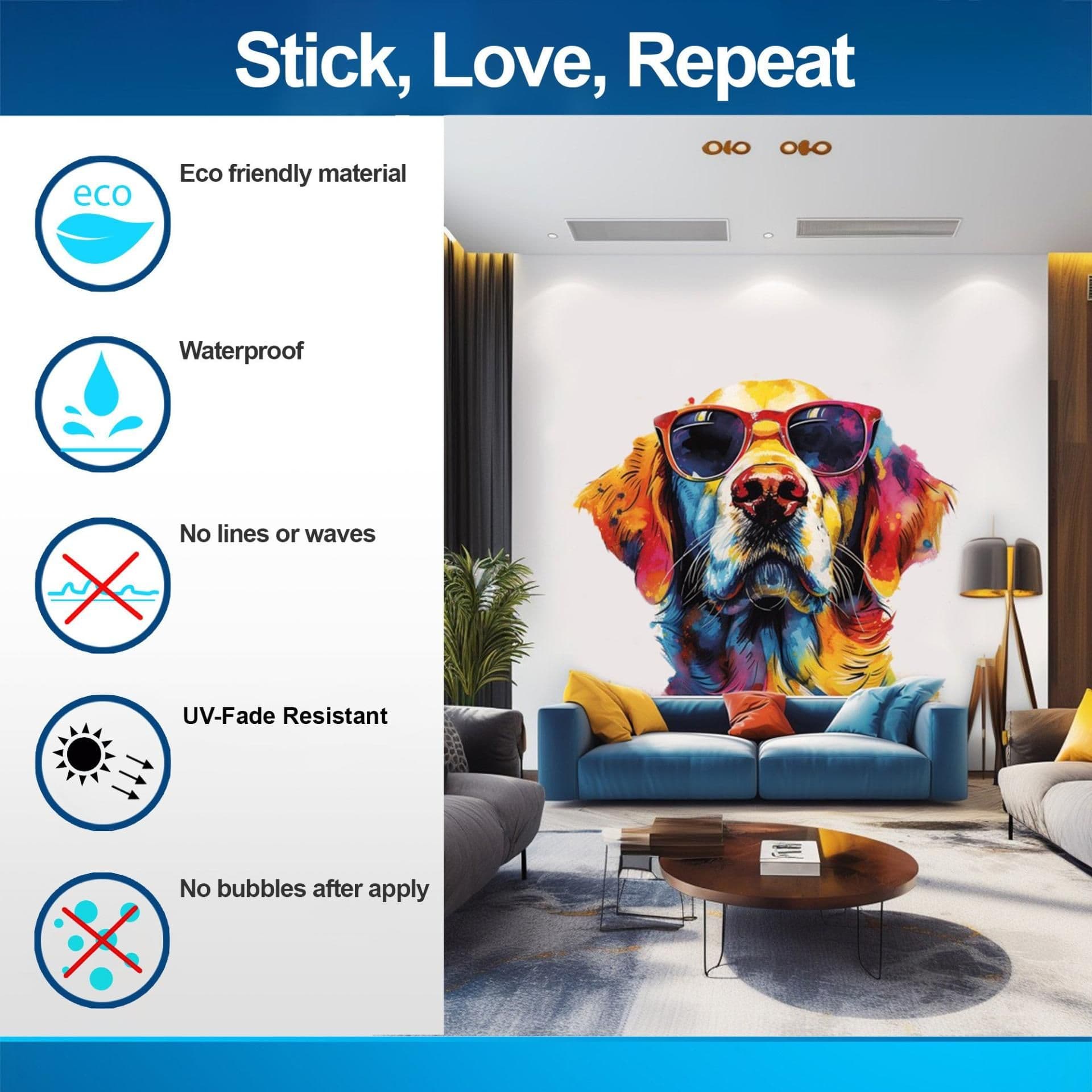 image-Golden Retriever with Sunglasses Wall Decal - Expressive Watercolor Dog Sticker for Vibrant Room Decor