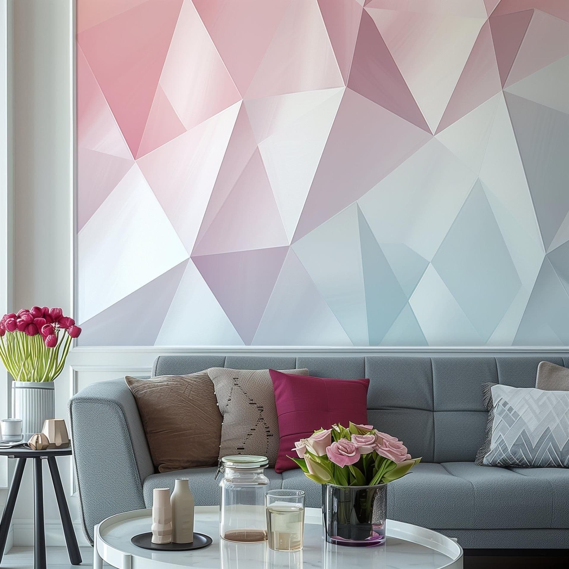 image-Pastel Geometric Wall Sticker | Modern Pink and Blue Geometric Wall Art | Living Room Accent Wallpaper Decal | Stylish Bedroom Decoration
