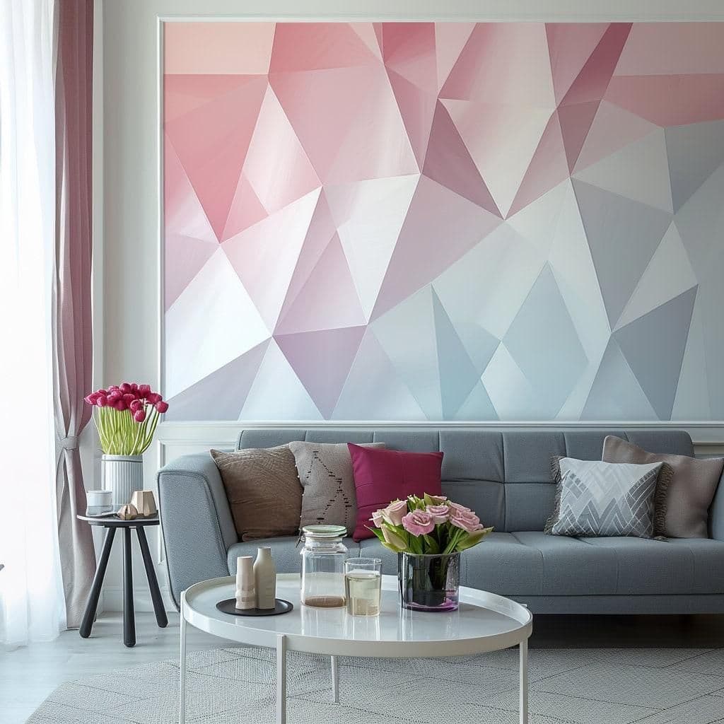 image-Pastel Geometric Wall Sticker | Modern Pink and Blue Geometric Wall Art | Living Room Accent Wallpaper Decal | Stylish Bedroom Decoration