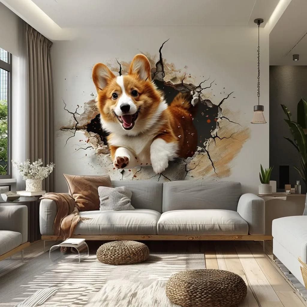 image-3D Corgi Dog Wall Decal - Playful Pet Sticker