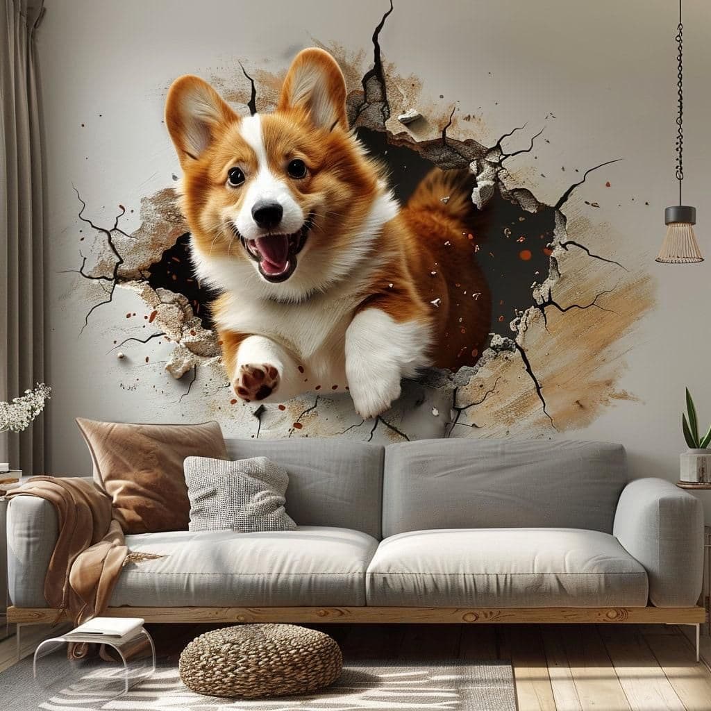 image-3D Corgi Dog Wall Decal - Playful Pet Sticker