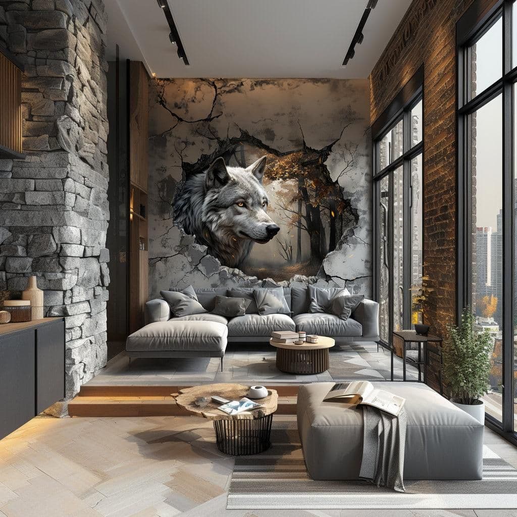 image-Realistic 3D Wolf Forest Wall Decal Sticker - Majestic Wolf Breaking Through Wall