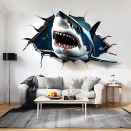 image-3D Great White Shark Wall Sticker | Crack Hole Realistic Shark Wall Decal | Ocean Adventure Portal Home Decor | Unique Living Room Wall Art