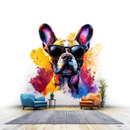 image-Chic French Bulldog Wall Decal with Stylish Sunglasses | Colorful Watercolor Splash Dog Sticker Art Modern Room Decor | Trendy Home Decals