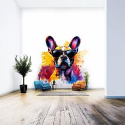 image-Chic French Bulldog Wall Decal with Stylish Sunglasses | Colorful Watercolor Splash Dog Sticker Art Modern Room Decor | Trendy Home Decals