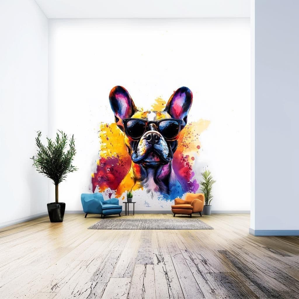 image-Chic French Bulldog Wall Decal with Stylish Sunglasses | Colorful Watercolor Splash Dog Sticker Art Modern Room Decor | Trendy Home Decals