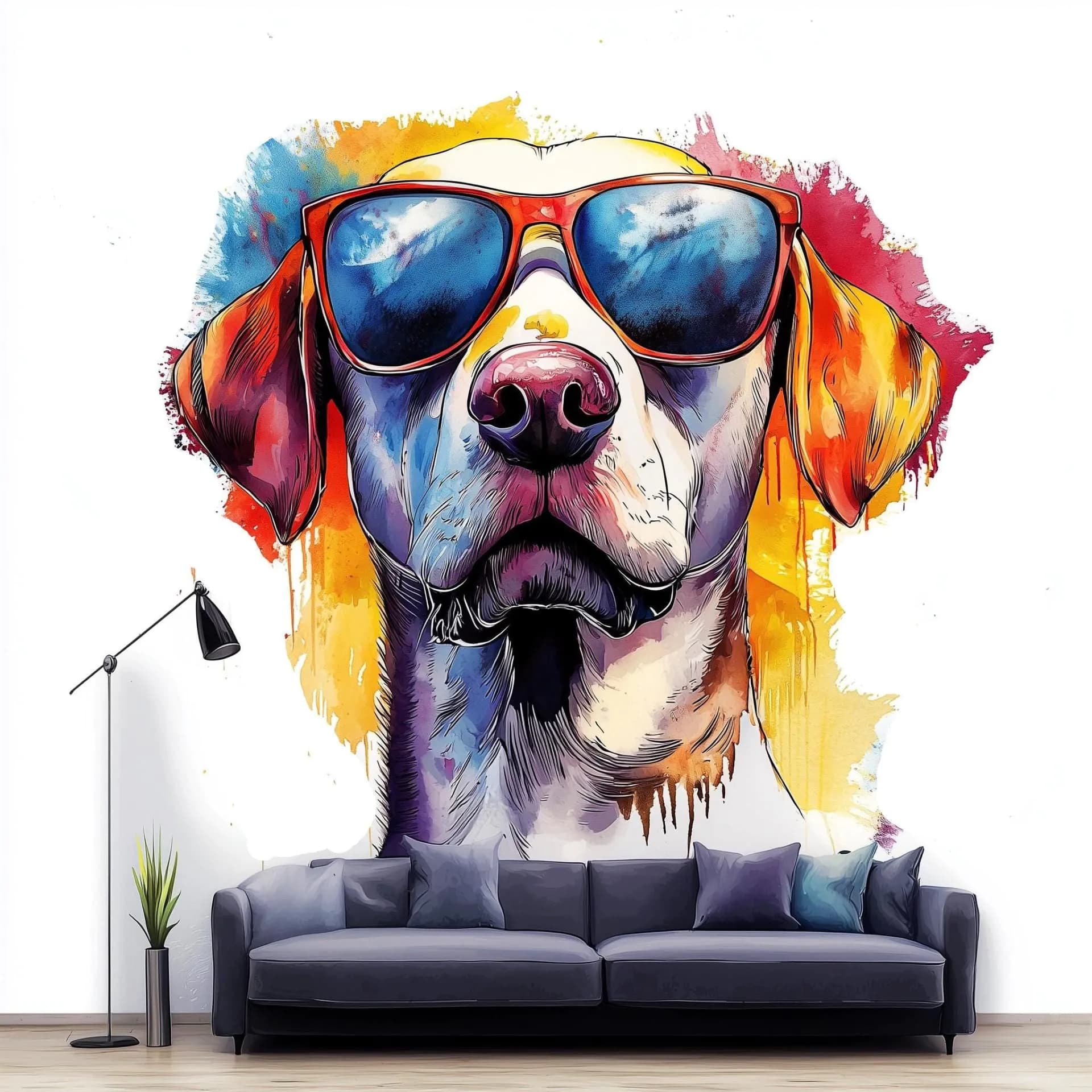 image-Vibrant Labrador Retriever Wall Sticker | Colorful Dog Decal with Sunglasses | Fun Animal Wall Art | Playful Pet Decor | Bold Wall Decal