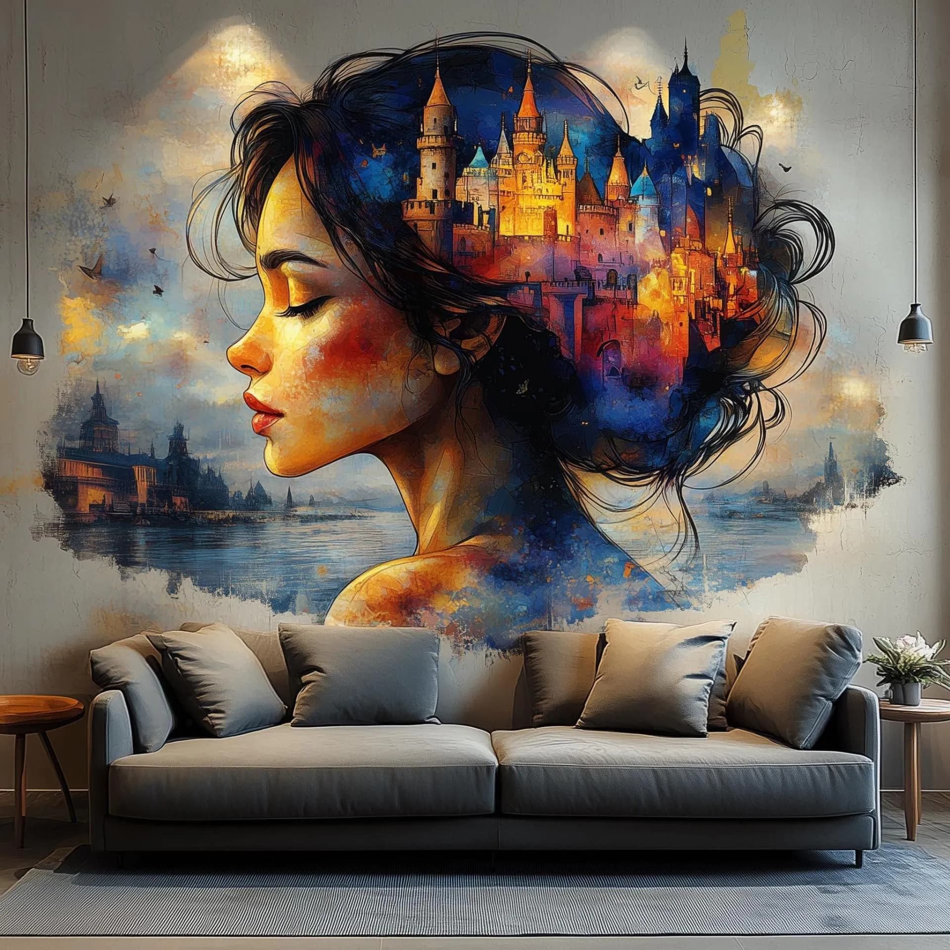 image-Dreamy Castle Wall Art Sticker - Fantasy Woman Portrait Vinyl Decal for Living Room, Bedroom, or Office Decor