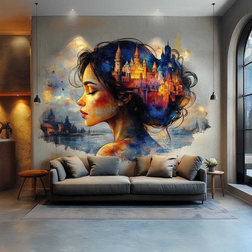 image-Dreamy Castle Wall Art Sticker - Fantasy Woman Portrait Vinyl Decal for Living Room, Bedroom, or Office Decor