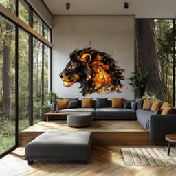 image-Cosmic Lion Wall Decal | Fiery 3D Lion Mural Art | Bold Animal Wall Sticker Decor for Living Room, Office, Safari & Space-Inspired Accent