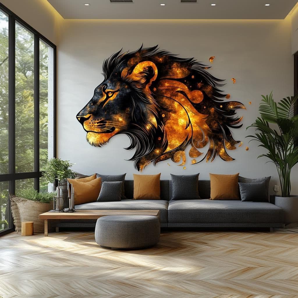 image-Cosmic Lion Wall Decal | Fiery 3D Lion Mural Art | Bold Animal Wall Sticker Decor for Living Room, Office, Safari & Space-Inspired Accent