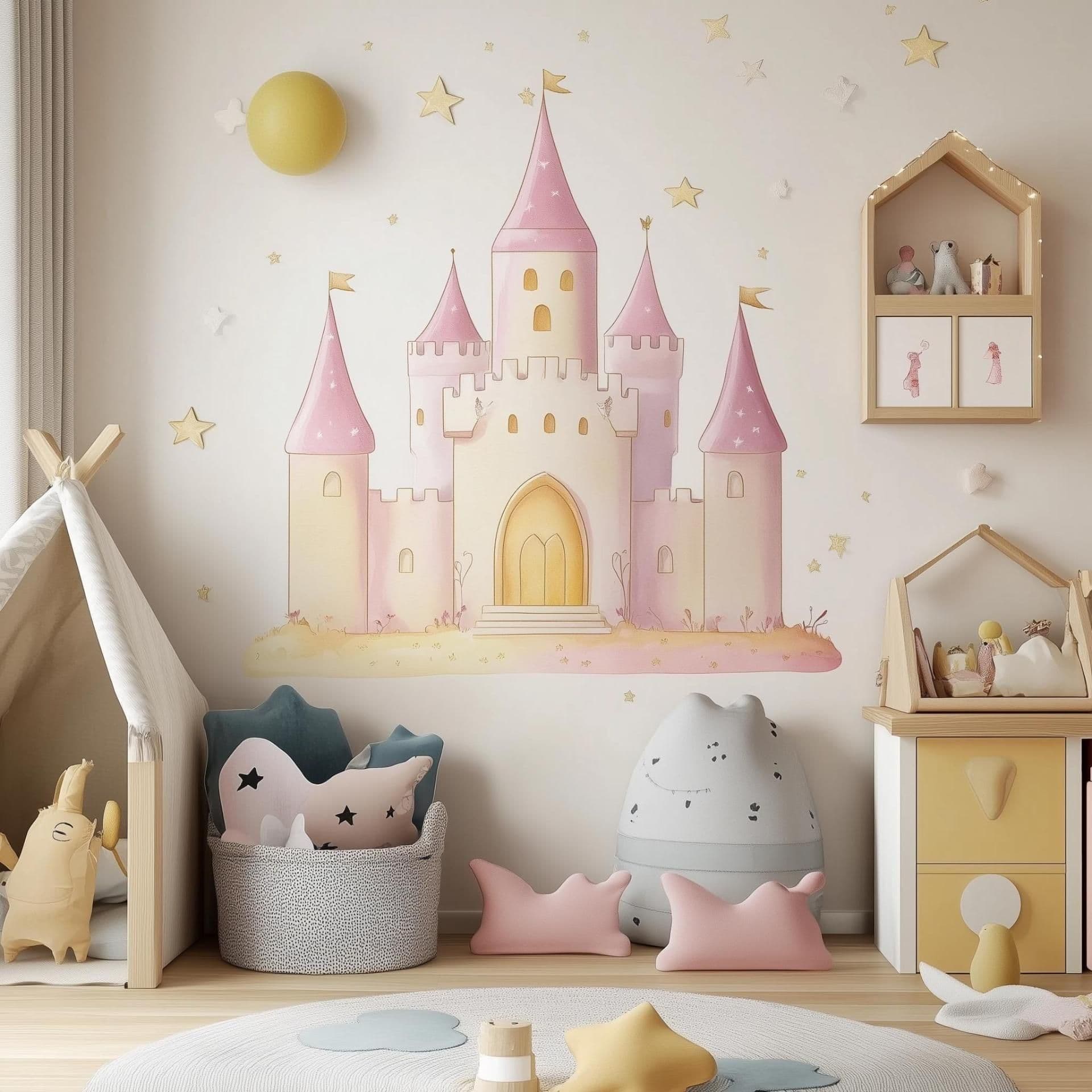image-Princess Castle Wall Sticker | Pink Castle Nursery Décor | Fairytale Theme Wall Art | Kids Room Sticker | Removable Wall Decal