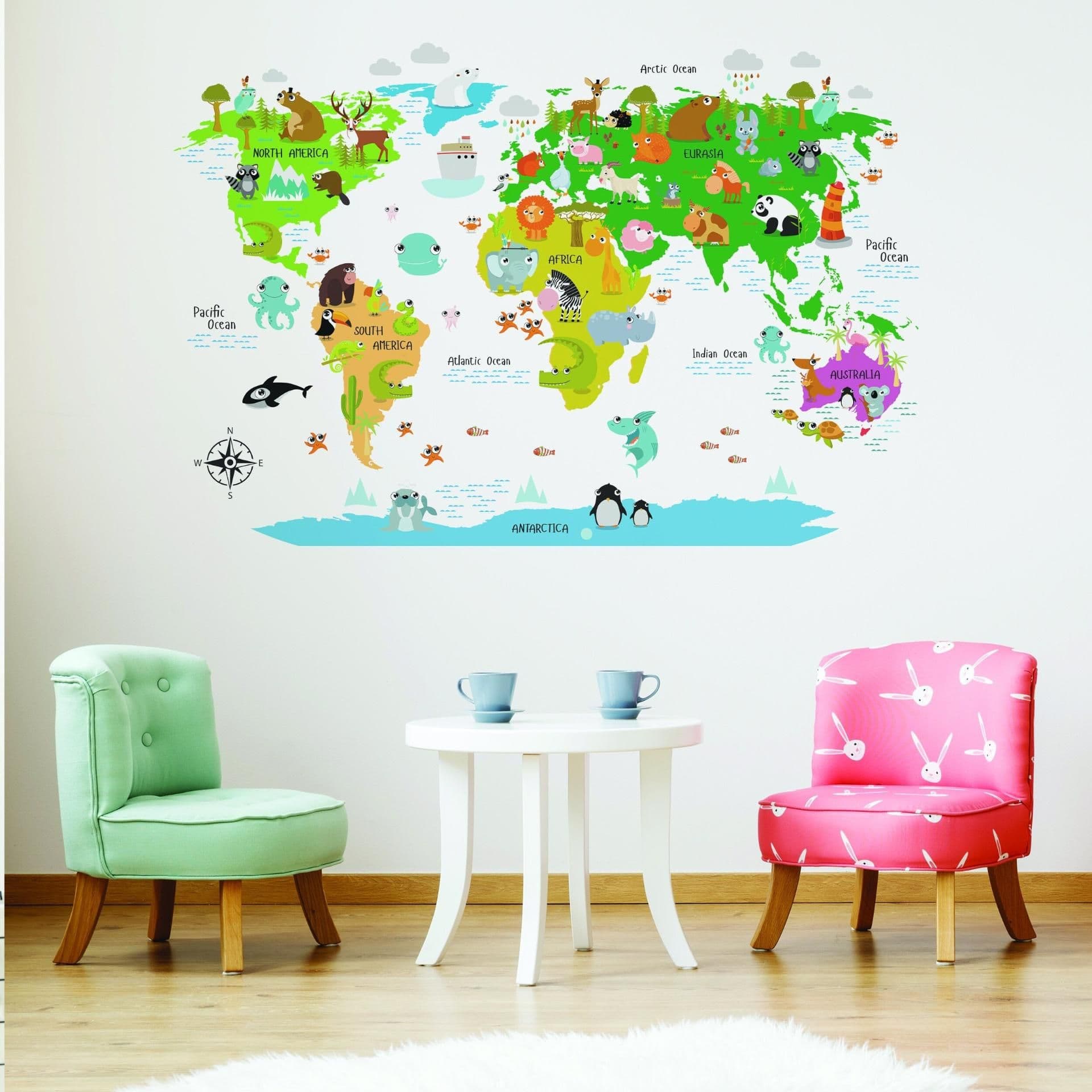 image-Kids World Map Wall Decal - Country Animal Room Decor Vinyl Sticker For Nursery