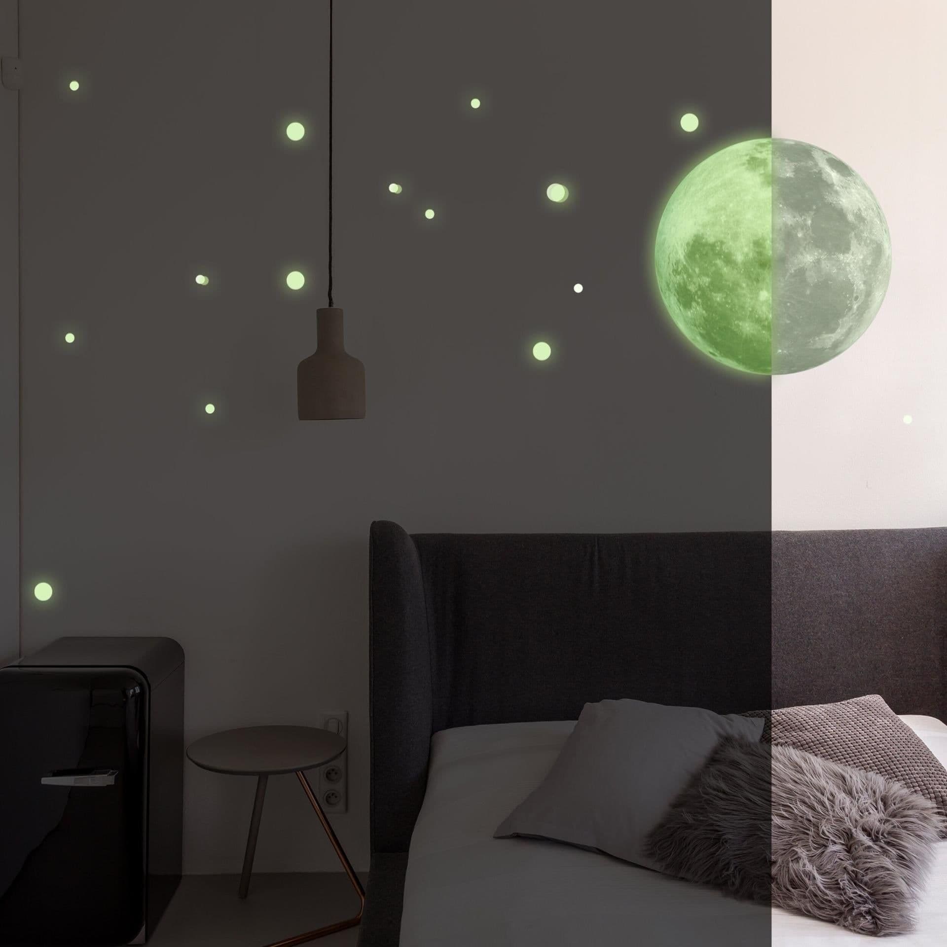 image-Glow In The Dark Full Moon And Star Wall Sticker - Bedroom Ceiling Decoration Large Glowing Decal
