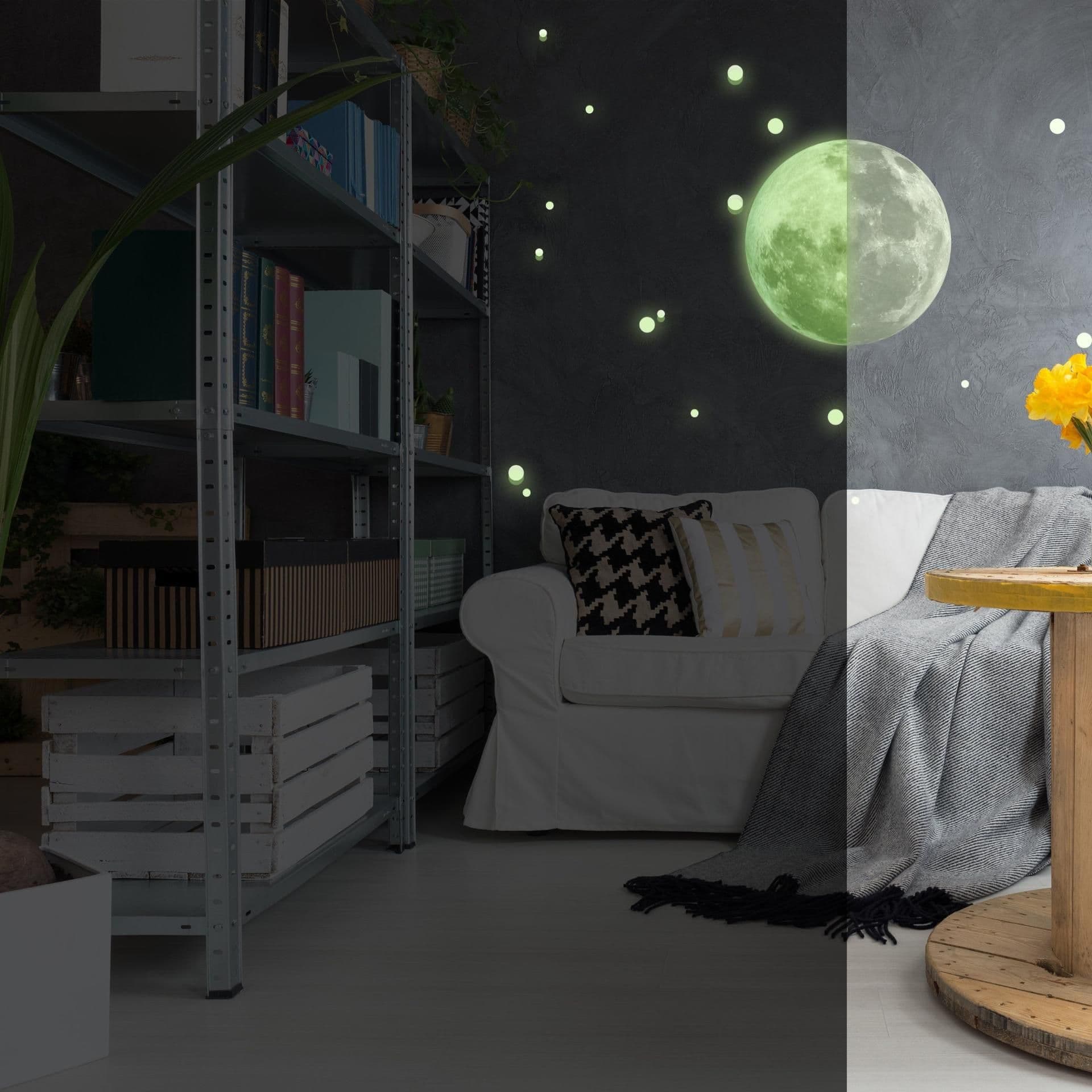 image-Glow In The Dark Full Moon And Star Wall Sticker - Bedroom Ceiling Decoration Large Glowing Decal