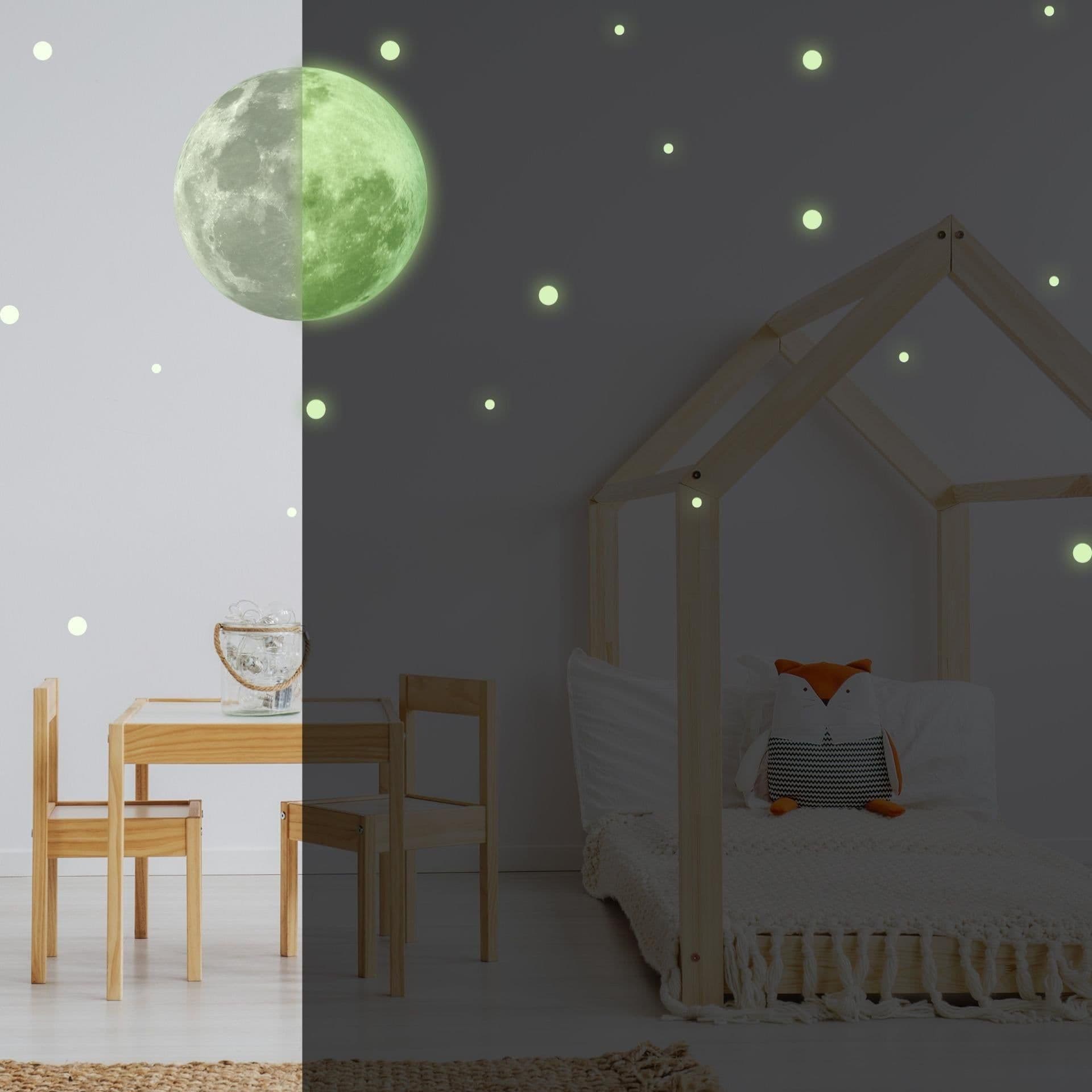 image-Glow In The Dark Full Moon And Star Wall Sticker - Bedroom Ceiling Decoration Large Glowing Decal