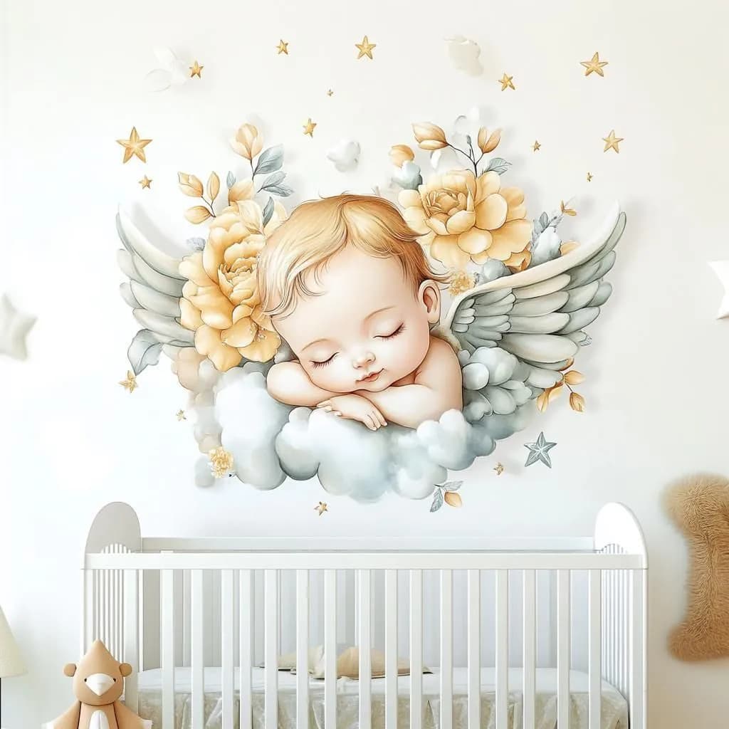 image-Angel Baby Wall Mural | Nursery Wall Decal with Flowers and Wings | Serene Baby Room Sticker Decor | Removable Vinyl Wall Art