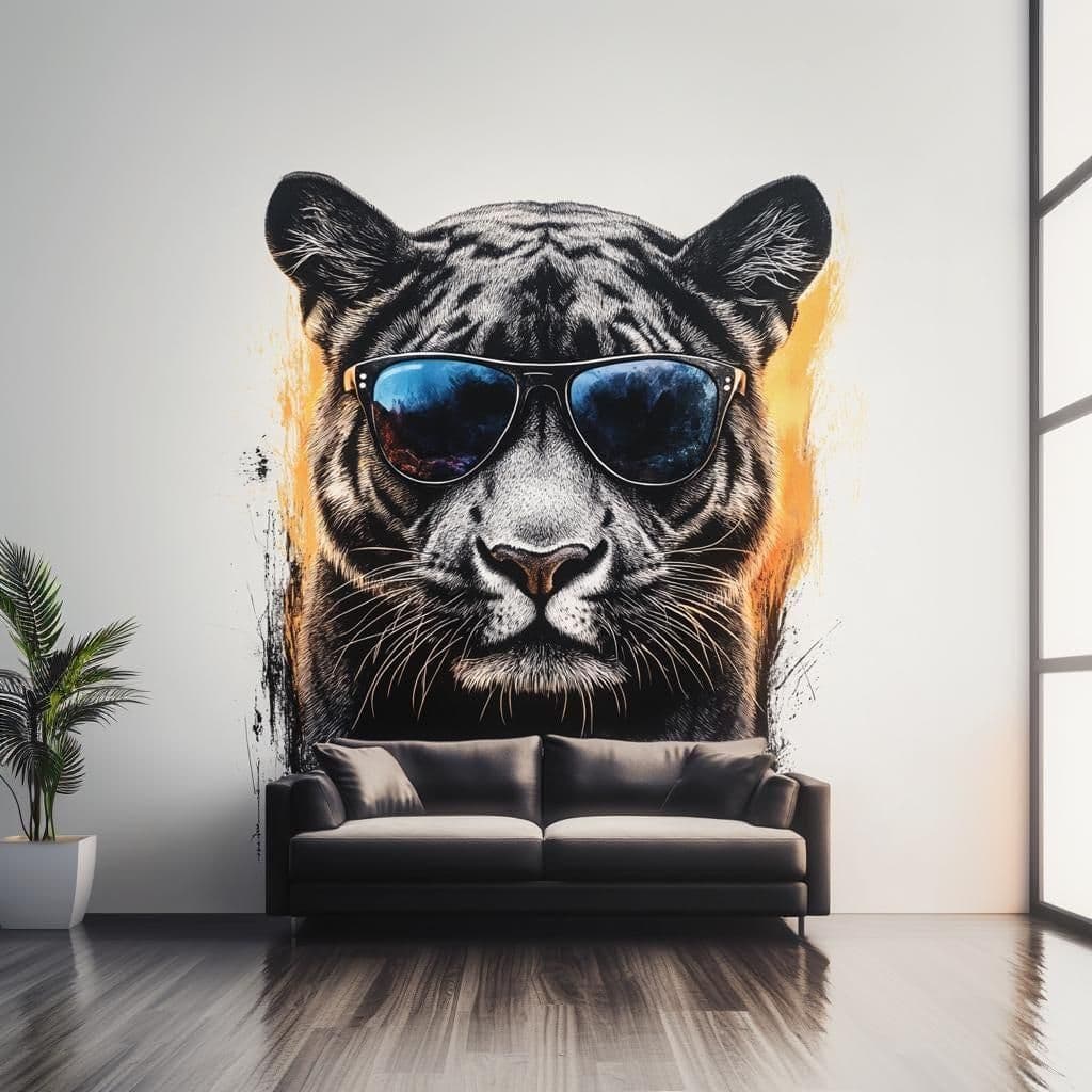 image-Black Panther Wall Decal | Cool Big Cat with Sunglasses Vinyl Mural | Urban Jungle Graffiti Wall Art | Modern Living Room Office Decor