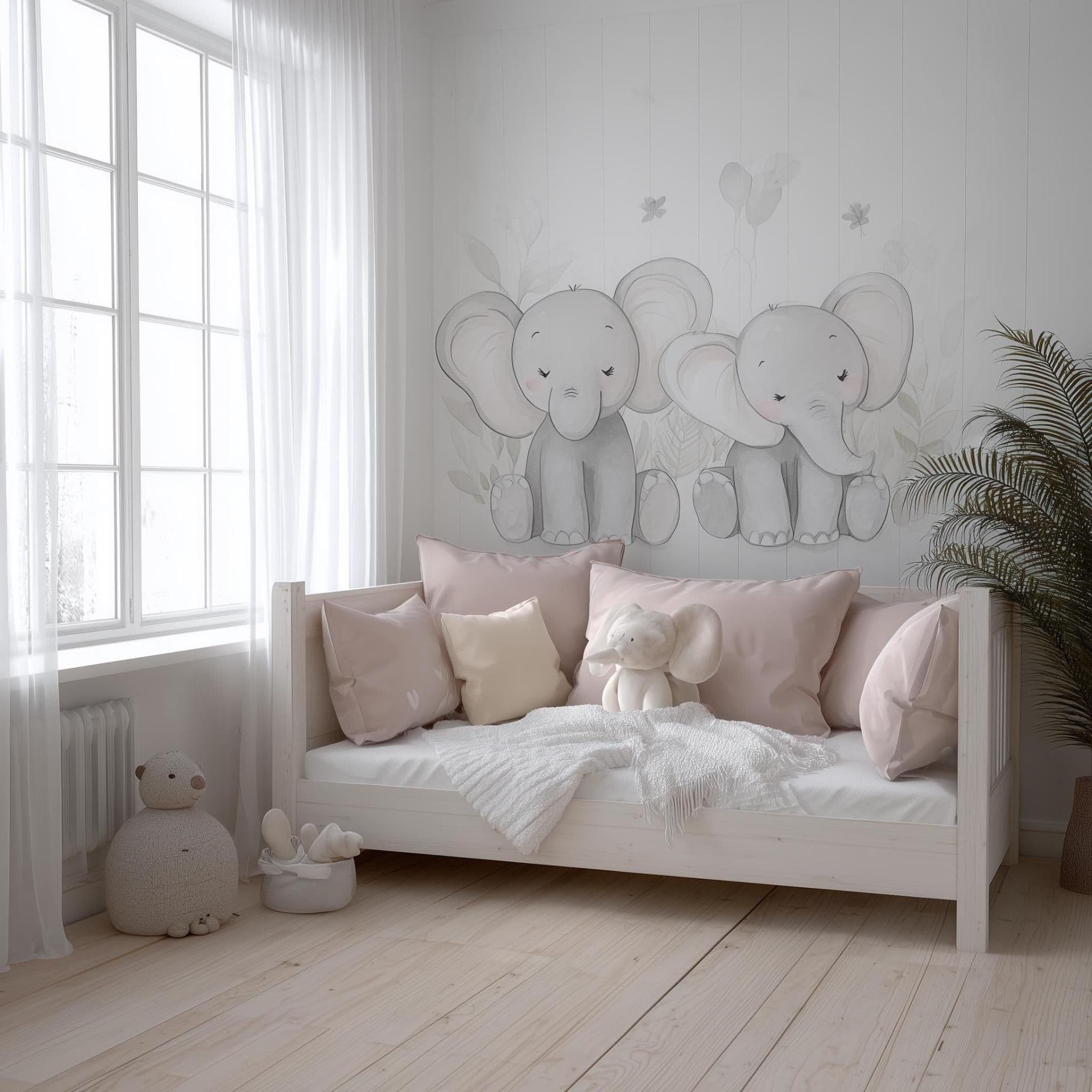 image-Elephant Wall Decal for Nursery | Cute Baby Elephant Sticker | Soft Grey Animal Mural | Gender Neutral Safari Nursery Decor Vinyl Art