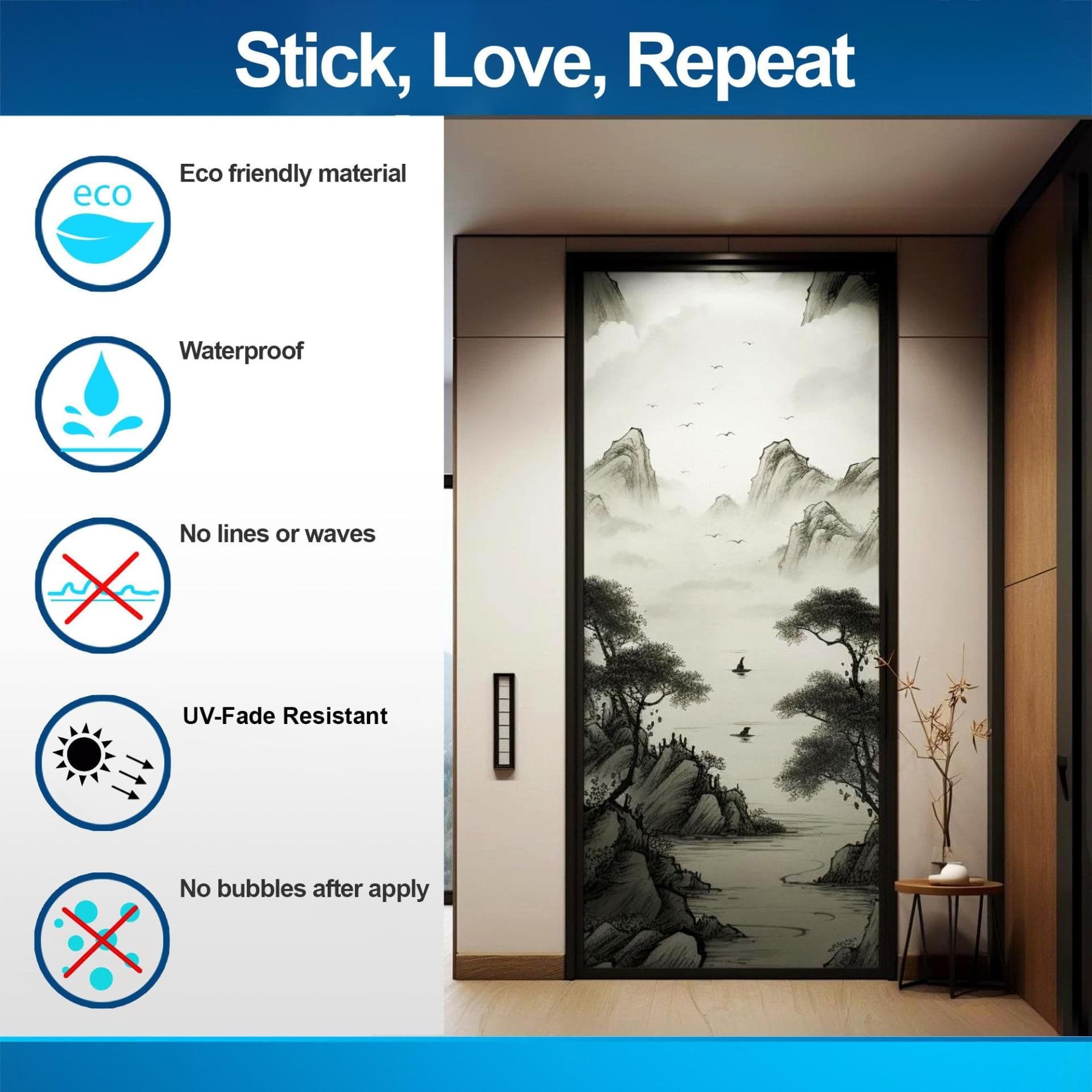 image-Contemporary Smoky Glass Door Sticker - Abstract Gradient Transparency Glass Wall Decal for Privacy and Decor