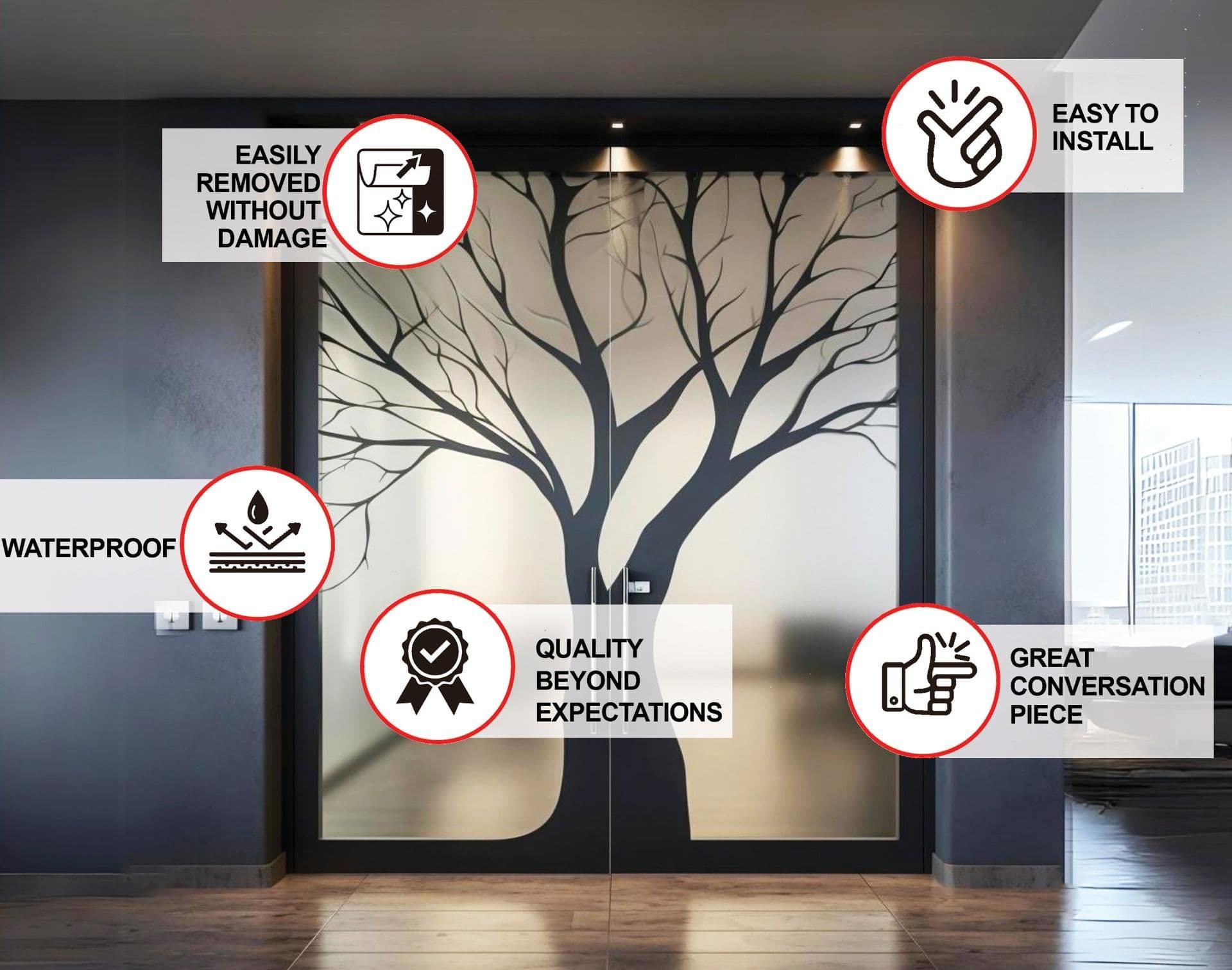image-Frosted Black Tree Silhouette Decal for Glass Door - Contemporary Privacy Frosting Sticker Film with Etched Leafless Tree Design for Window