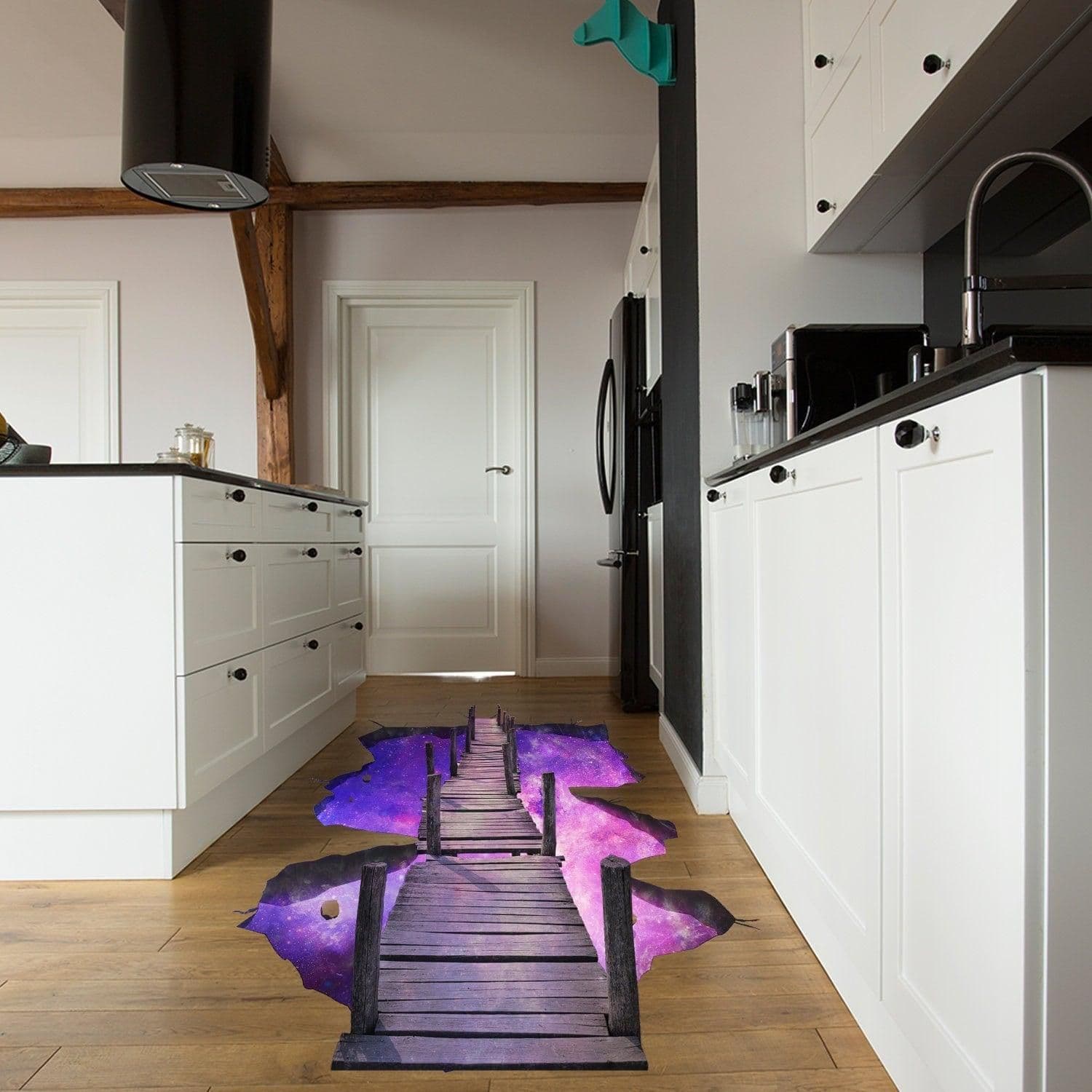 image-3d Space Bridge Floor Vinyl Decal - Bathroom Living Room Flooring Galaxy Decals Stick Peel Decor Stickers Decoration Kids Classroom Sticker