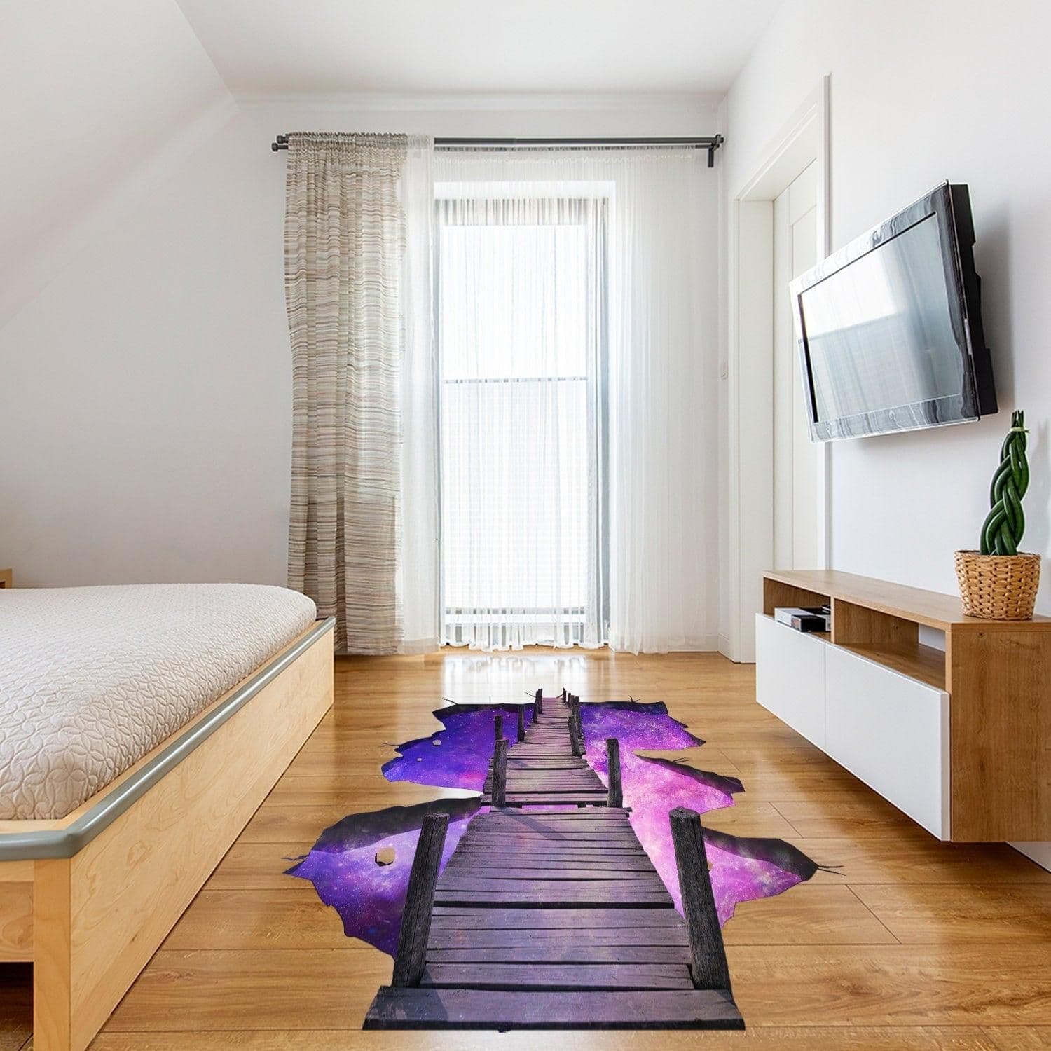 image-3d Space Bridge Floor Vinyl Decal - Bathroom Living Room Flooring Galaxy Decals Stick Peel Decor Stickers Decoration Kids Classroom Sticker