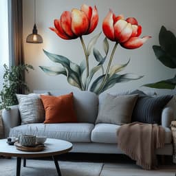 image-Red Tulip Wall Decal | Watercolor Flower Wall Sticker | Elegant Botanical Wall Art | Removable Vinyl Floral Mural | Living Room Nature Decor