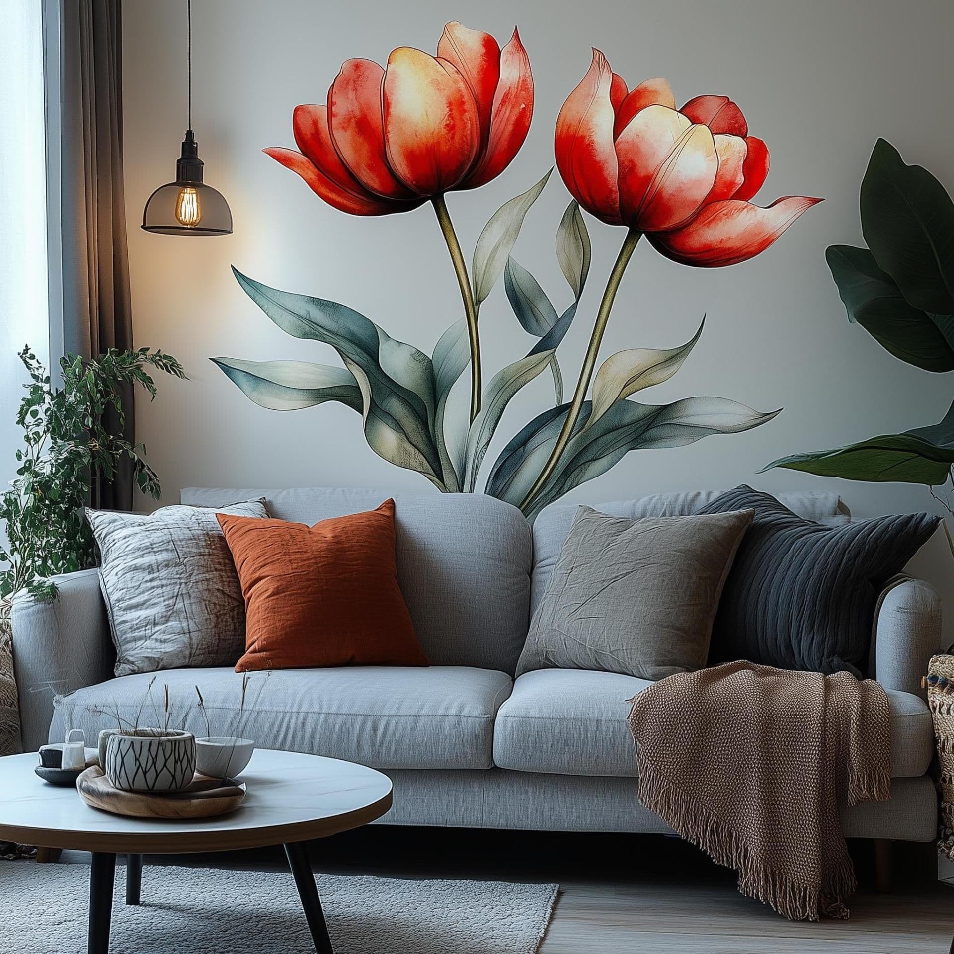 image-Red Tulip Wall Decal | Watercolor Flower Wall Sticker | Elegant Botanical Wall Art | Removable Vinyl Floral Mural | Living Room Nature Decor