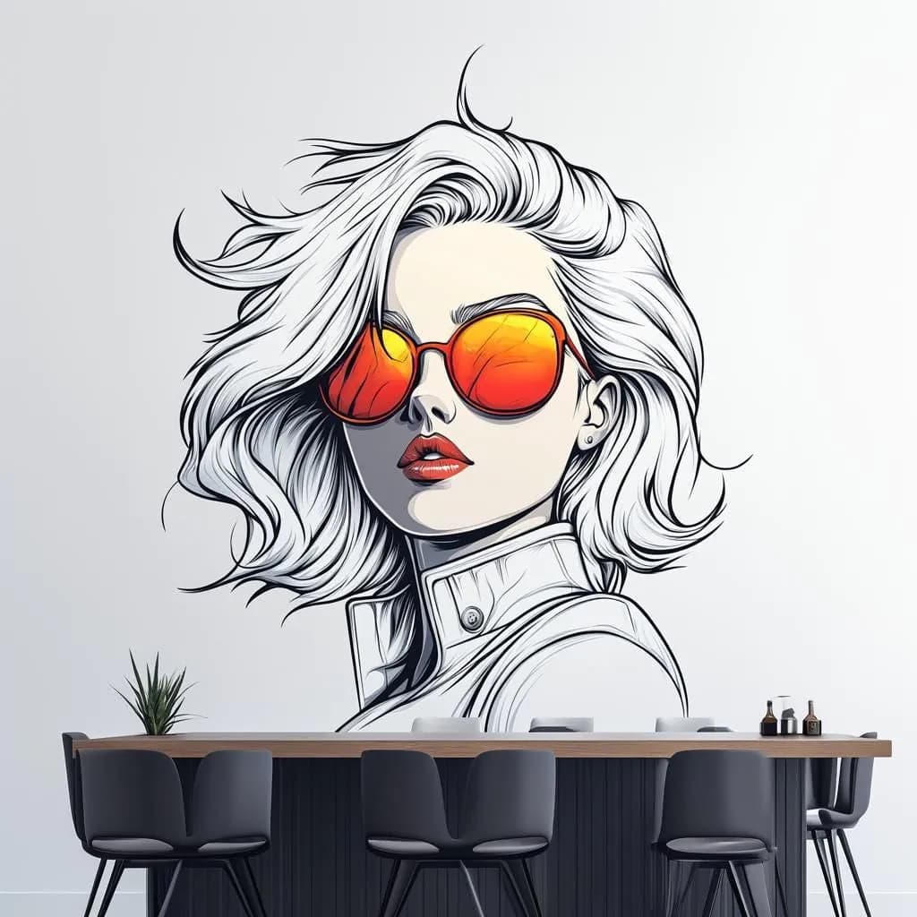 image-Stylish Woman Wall Decal | Pop Art Wall Sticker | Retro Female Portrait | Vinyl Mural for Office, Studio Bar Decor | Modern Graphic Wall Art
