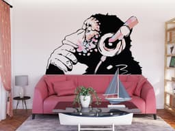 image-Banksy Inspired Thinking Monkey Decal In Pink Color - DJ Chimp Street Art Boho Girls Room Light-Toned Vinyl Sticker