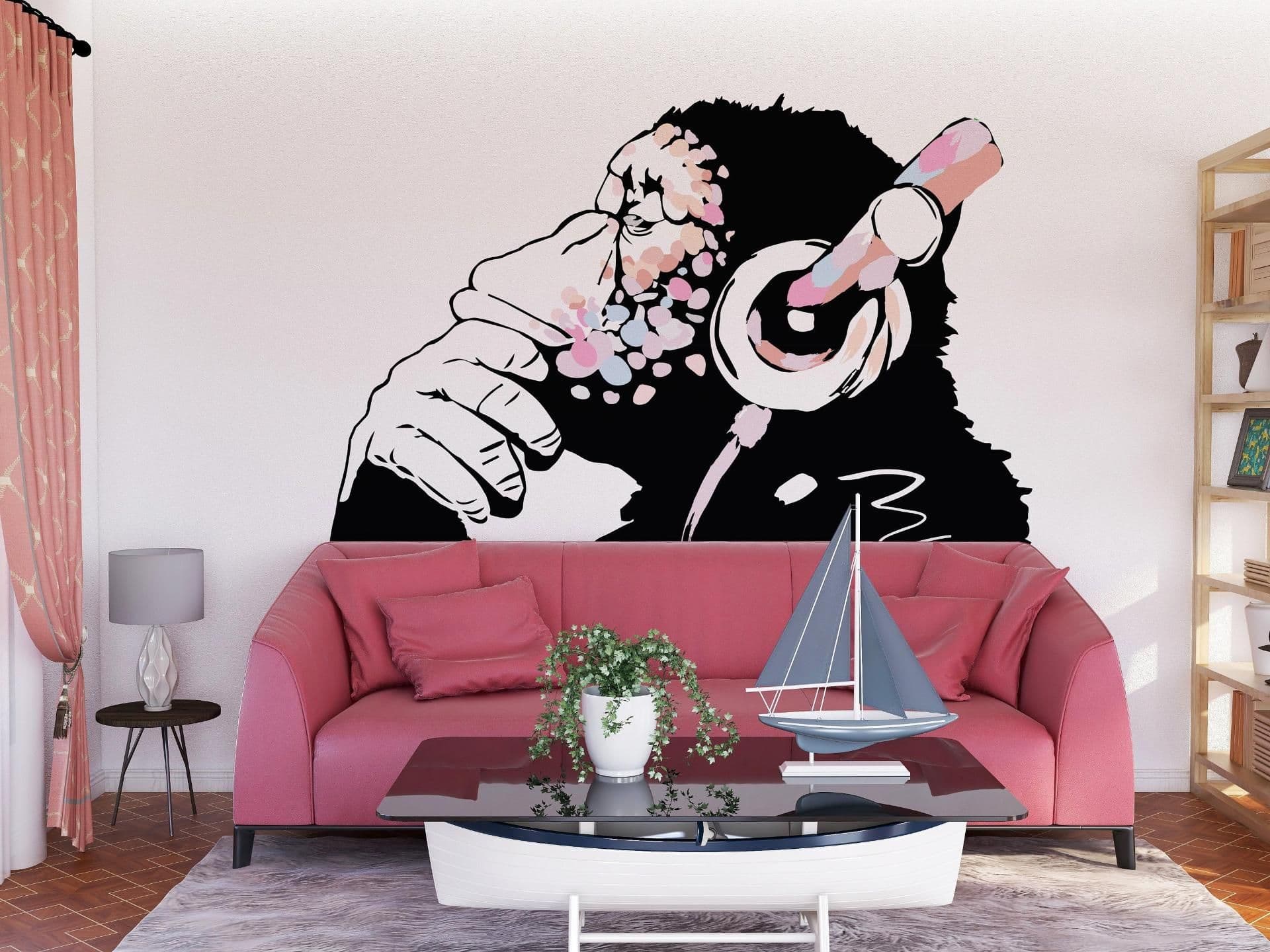 image-Banksy Inspired Thinking Monkey Decal In Pink Color - DJ Chimp Street Art Boho Girls Room Light-Toned Vinyl Sticker