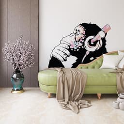 image-Banksy Inspired Thinking Monkey Decal In Pink Color - DJ Chimp Street Art Boho Girls Room Light-Toned Vinyl Sticker
