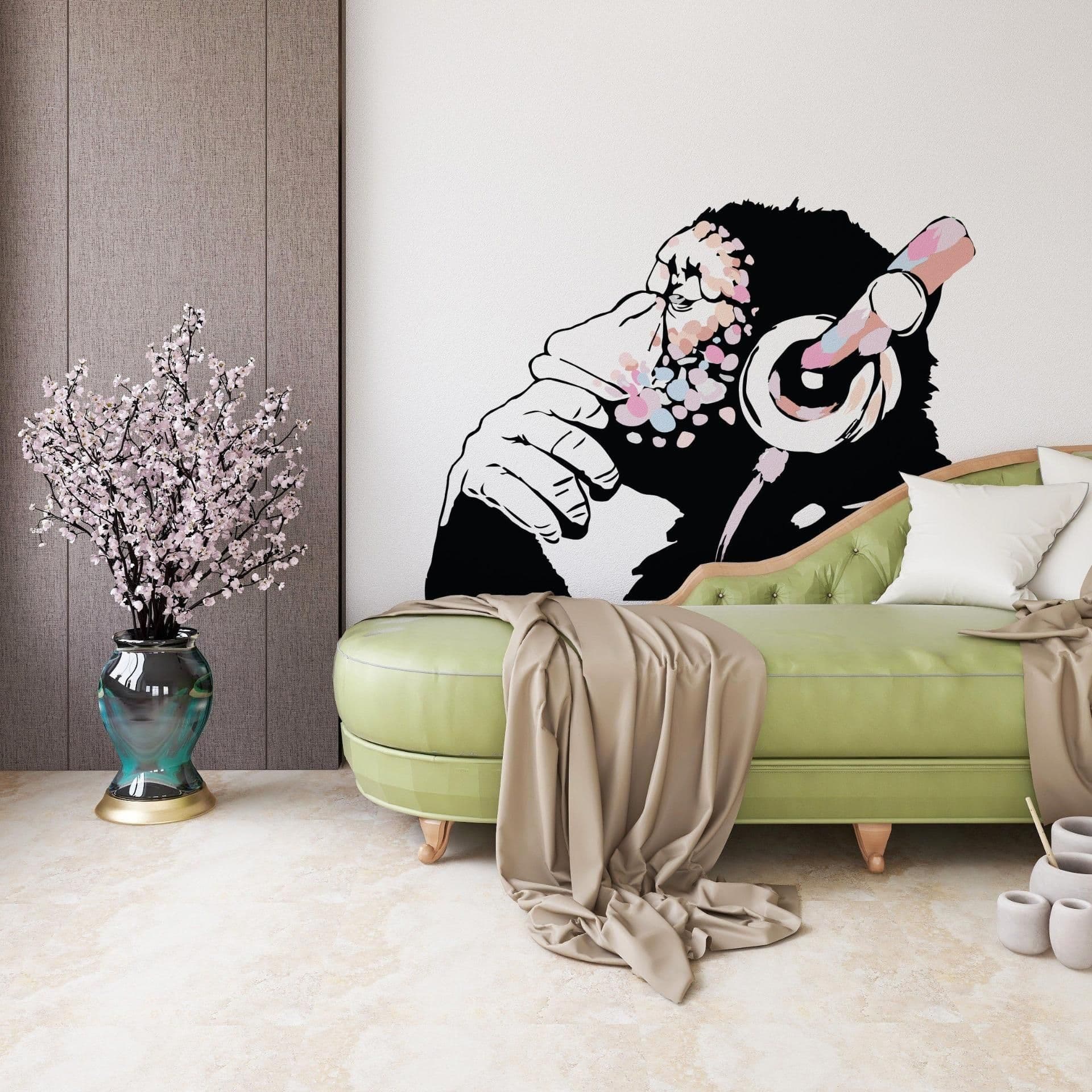 image-Banksy Inspired Thinking Monkey Decal In Pink Color - DJ Chimp Street Art Boho Girls Room Light-Toned Vinyl Sticker