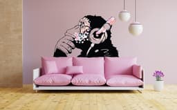 image-Banksy Inspired Thinking Monkey Decal In Pink Color - DJ Chimp Street Art Boho Girls Room Light-Toned Vinyl Sticker