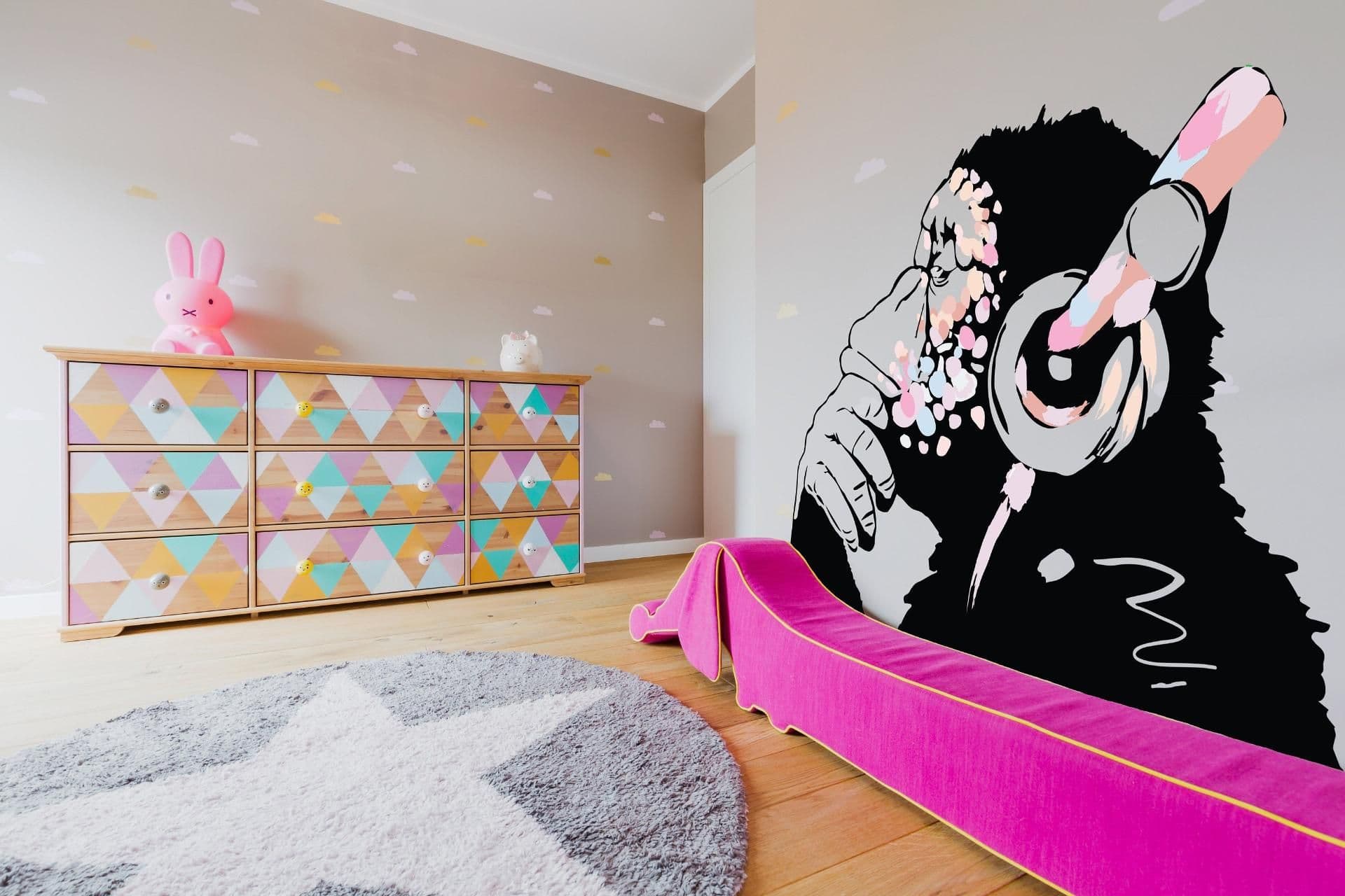 image-Banksy Inspired Thinking Monkey Decal In Pink Color - DJ Chimp Street Art Boho Girls Room Light-Toned Vinyl Sticker