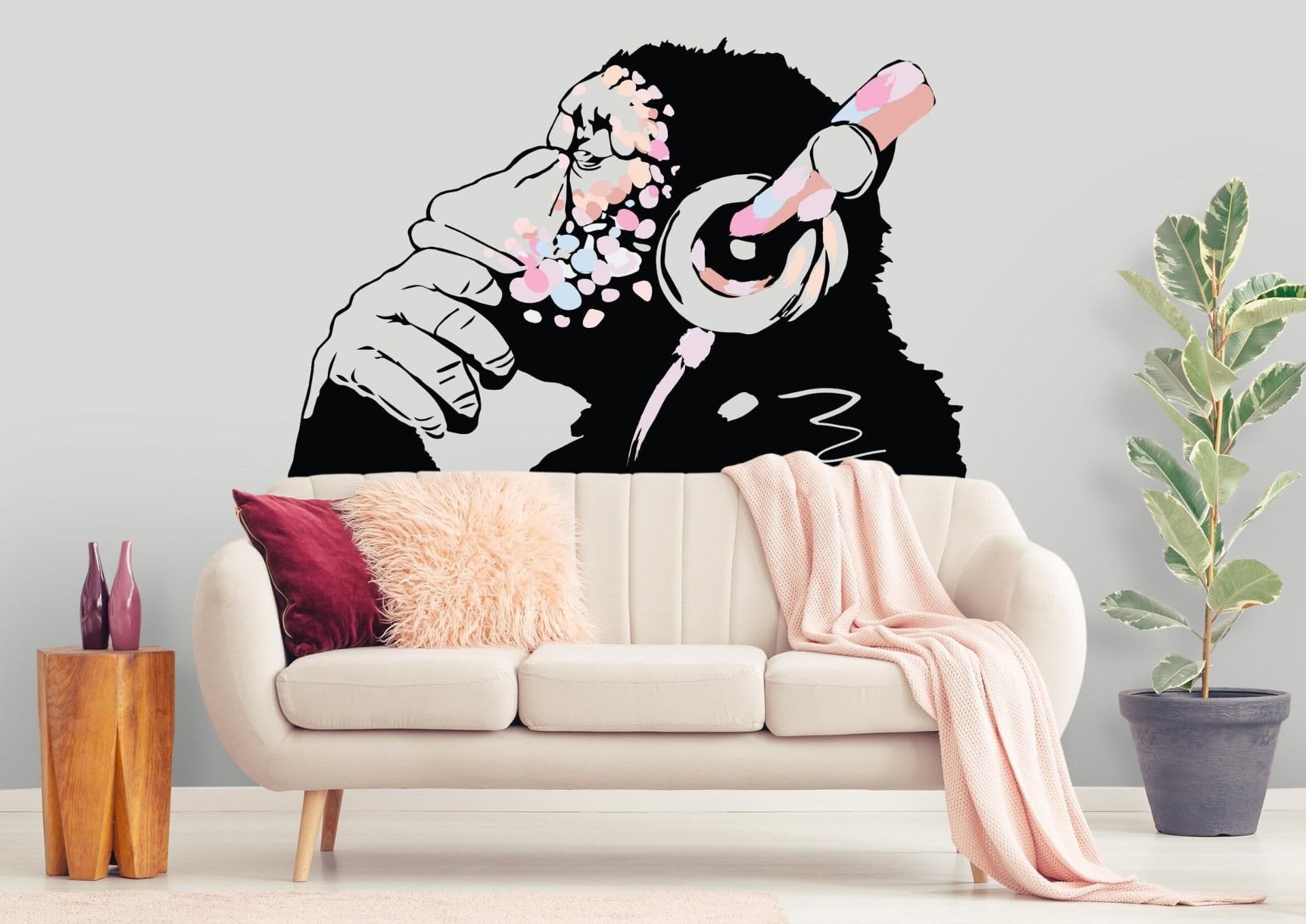 image-Banksy Inspired Thinking Monkey Decal In Pink Color - DJ Chimp Street Art Boho Girls Room Light-Toned Vinyl Sticker