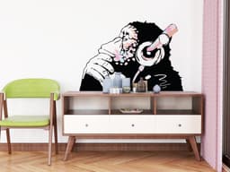 image-Banksy Inspired Thinking Monkey Decal In Pink Color - DJ Chimp Street Art Boho Girls Room Light-Toned Vinyl Sticker