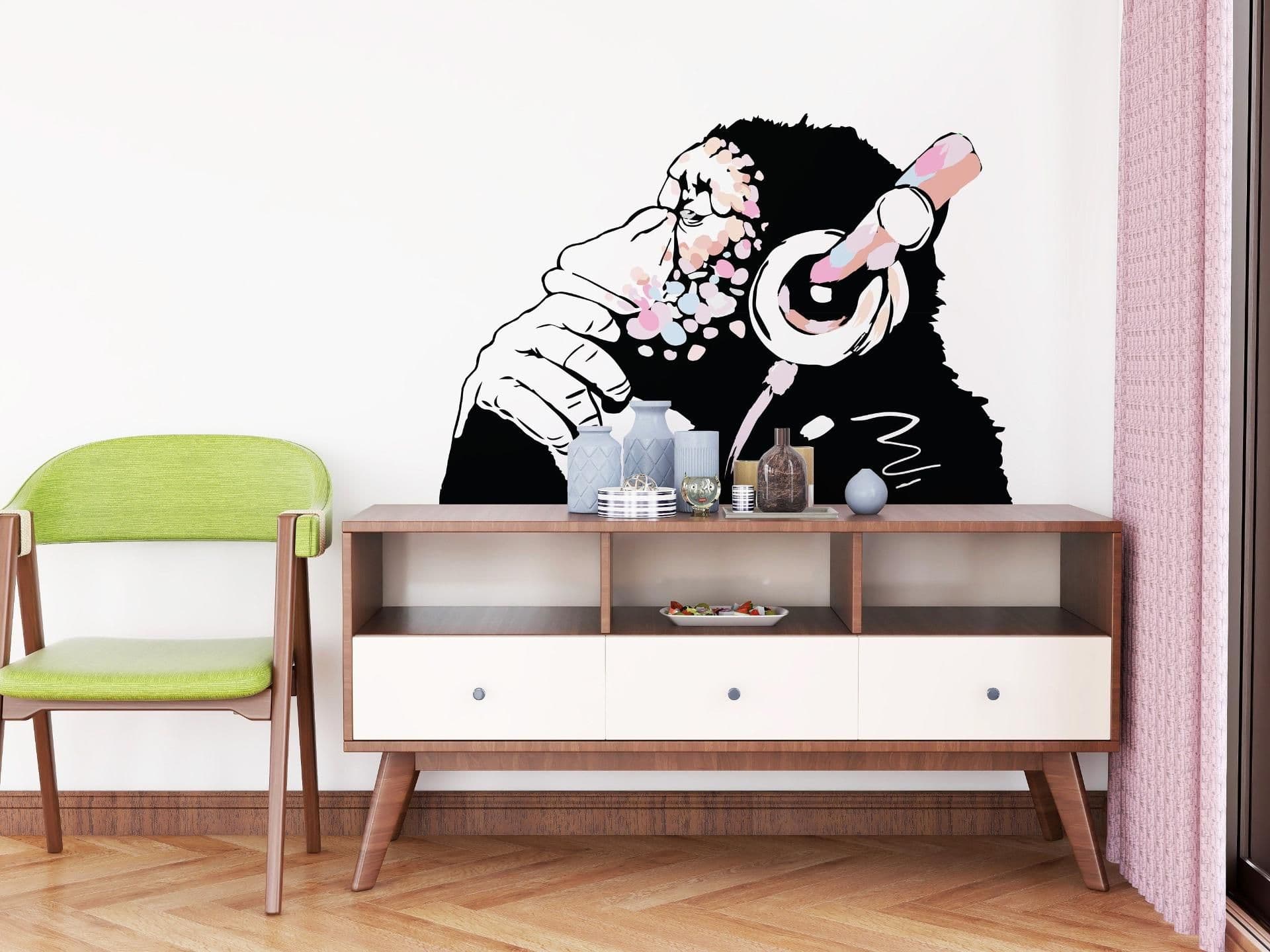 image-Banksy Inspired Thinking Monkey Decal In Pink Color - DJ Chimp Street Art Boho Girls Room Light-Toned Vinyl Sticker